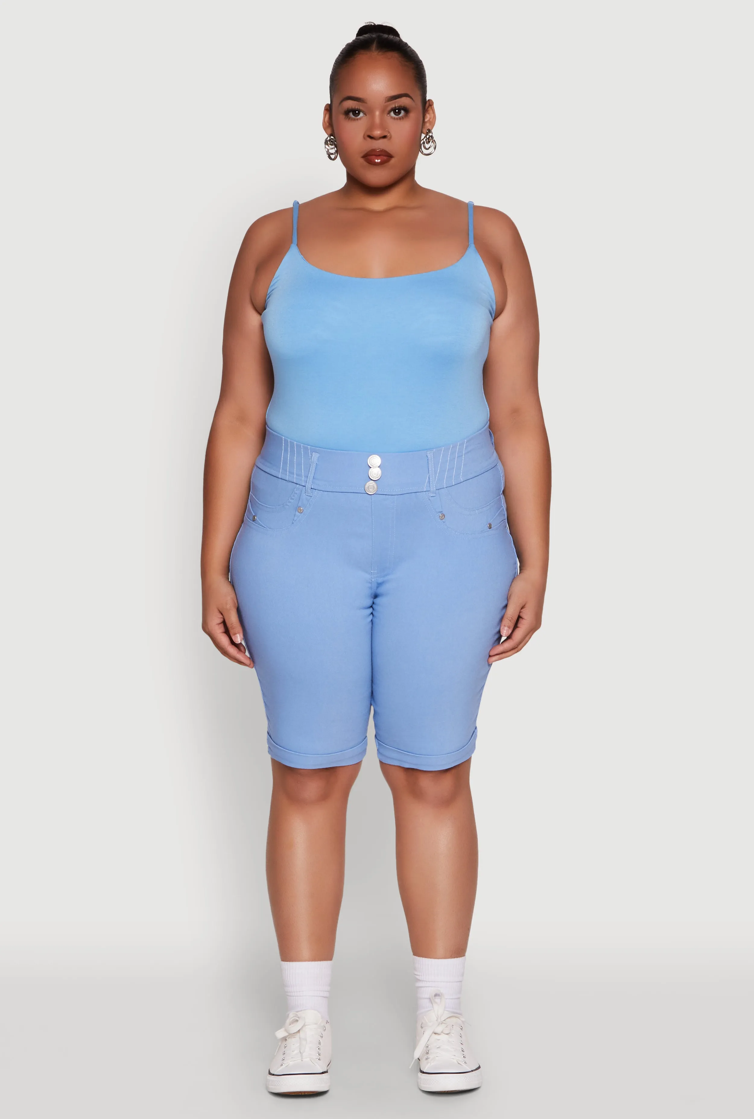 Plus Size Trendy Snatched High Waist Bermuda Shorts with Faux Buttons sold by Rainbow product image thumbnail 2