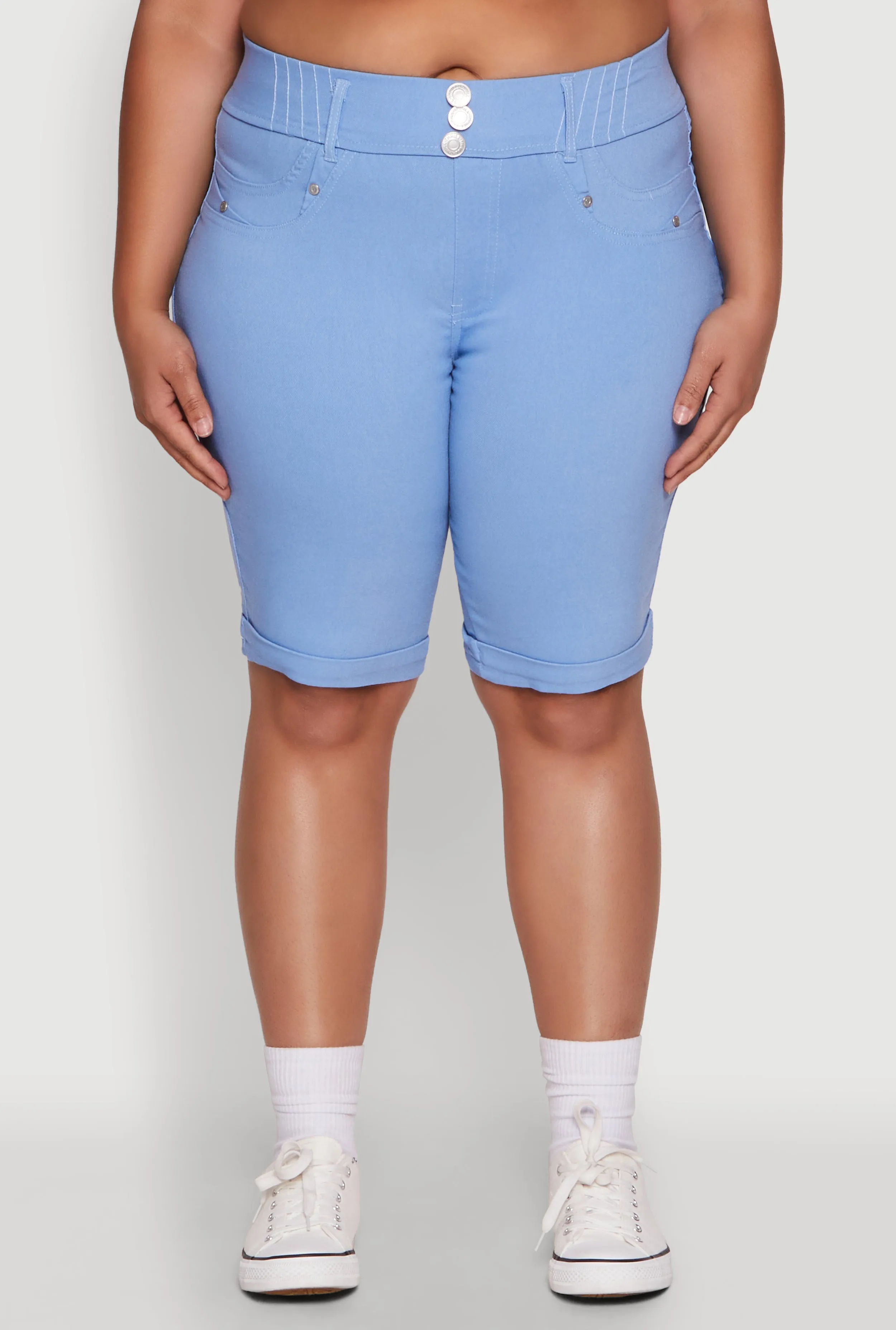 Plus Size Trendy Snatched High Waist Bermuda Shorts with Faux Buttons sold by Rainbow product image thumbnail 5