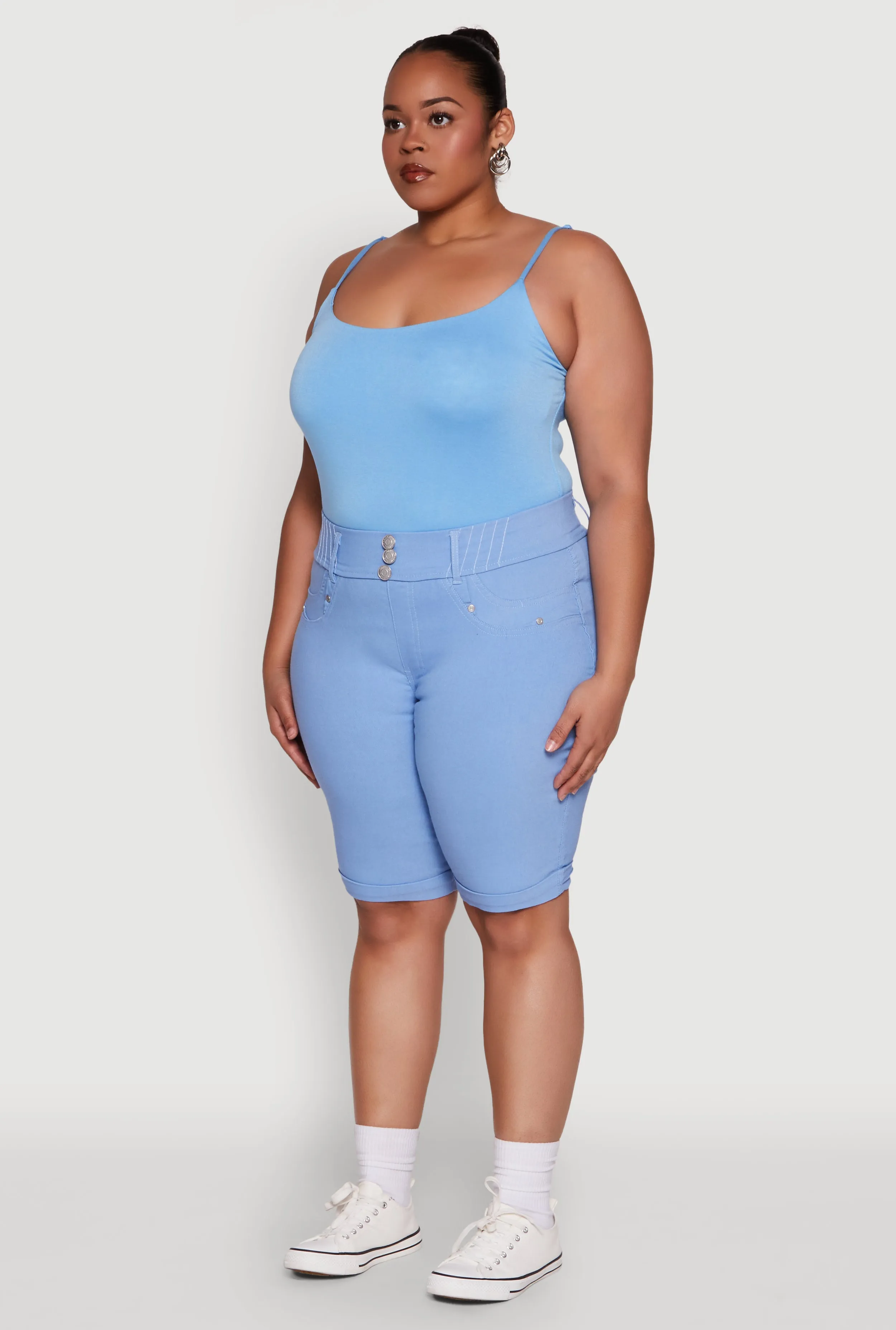 Plus Size Trendy Snatched High Waist Bermuda Shorts with Faux Buttons sold by Rainbow product image thumbnail 3