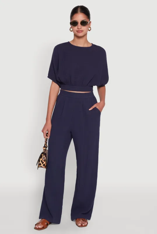 Chic Gauze Knit Crew Neck Cropped Blouse with Bubble Sleeves sold by Rainbow