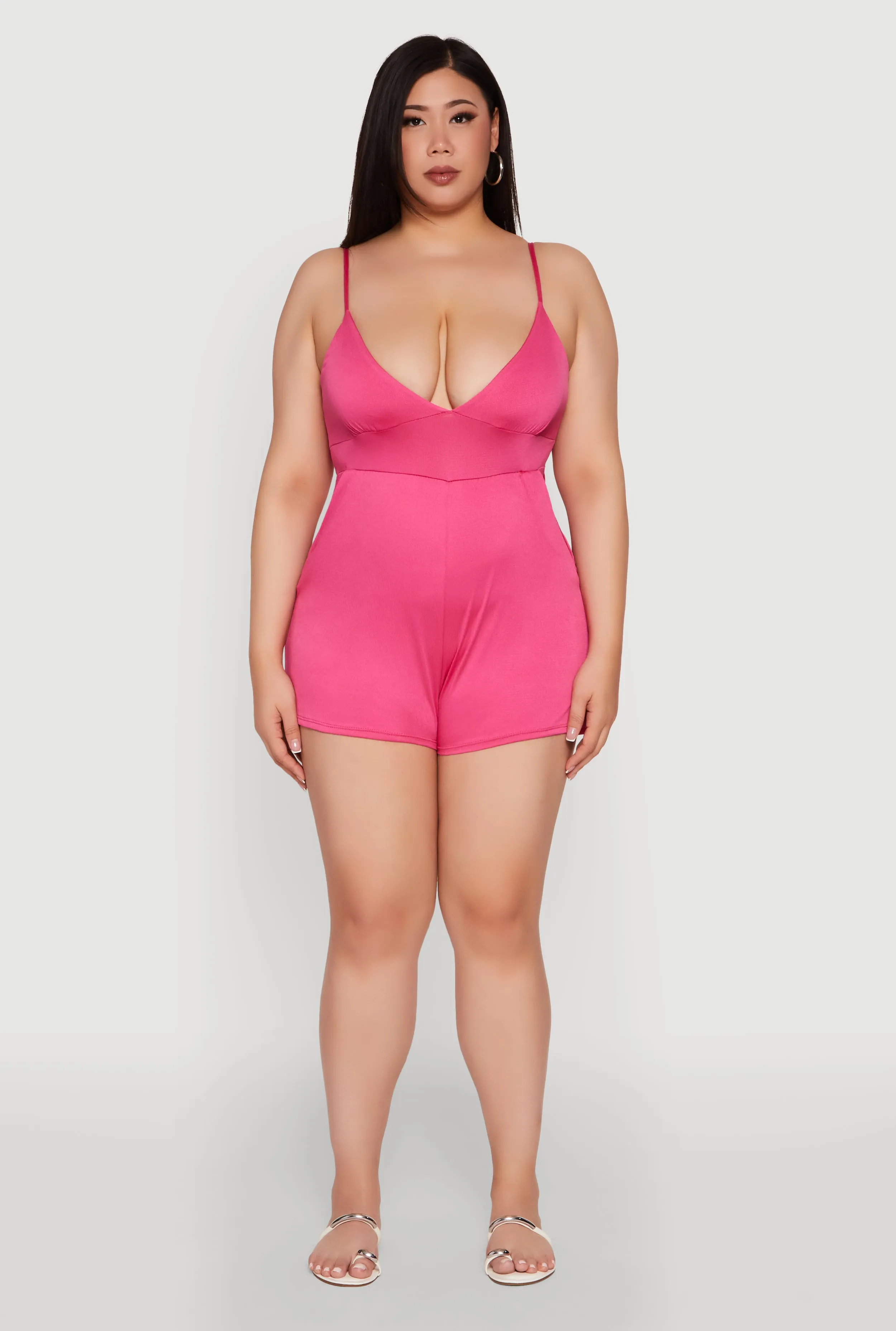 Plus Size Textured Knit Tie Back Plunge Neck Romper sold by Rainbow product image thumbnail 2