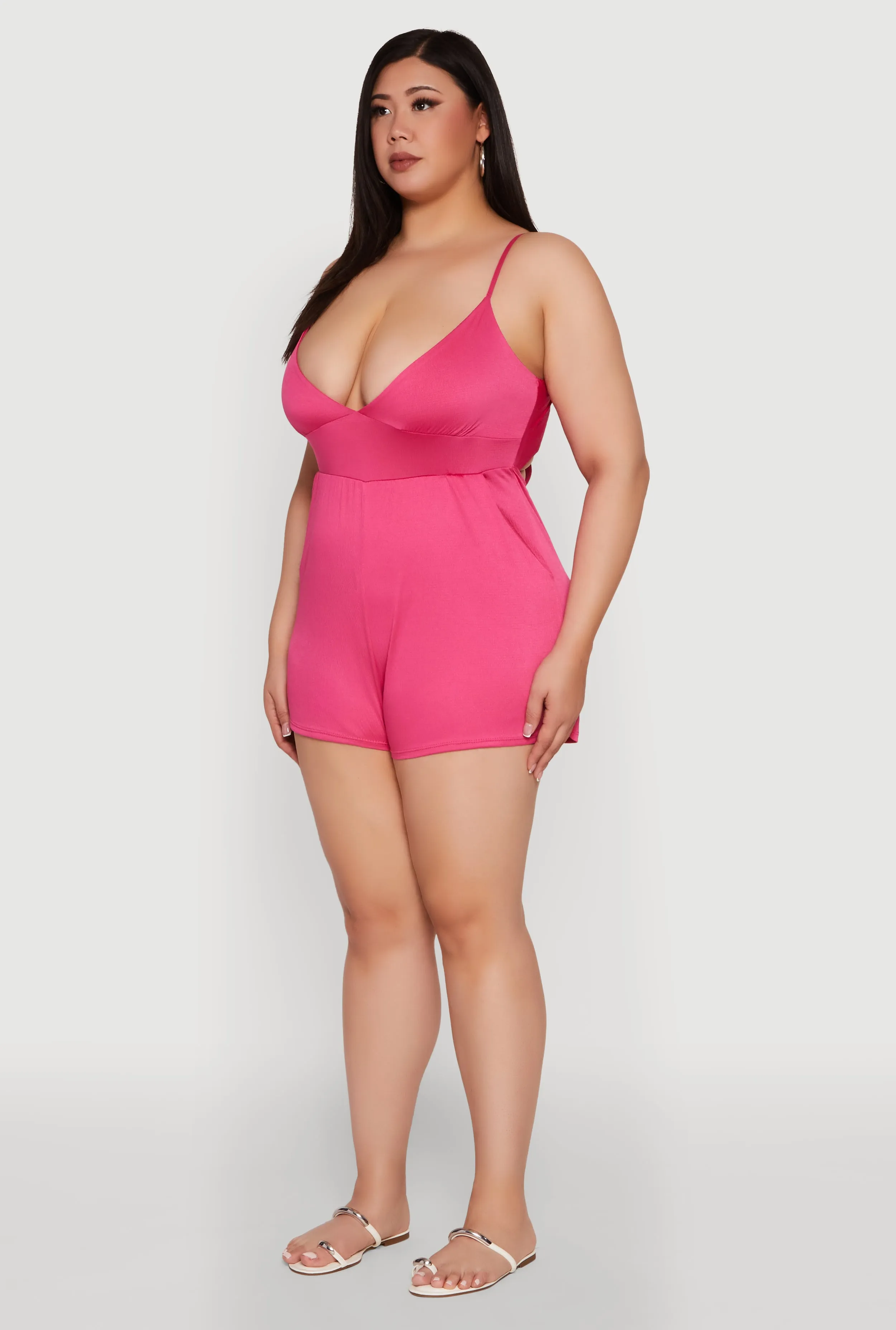 Plus Size Textured Knit Tie Back Plunge Neck Romper sold by Rainbow product image thumbnail 3