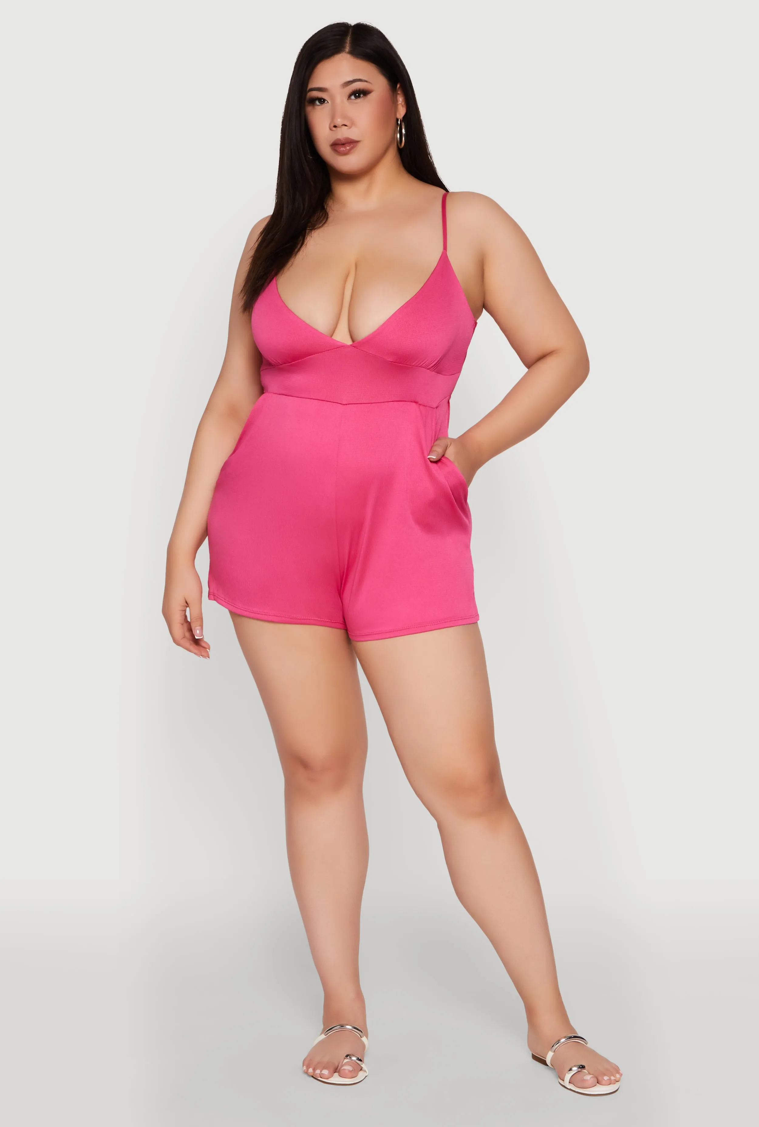 Plus Size Textured Knit Tie Back Plunge Neck Romper sold by Rainbow