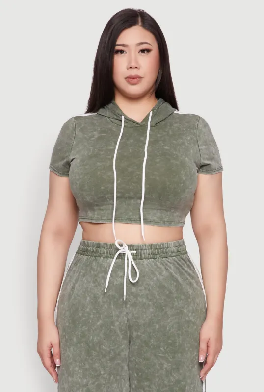 Plus Size Daisy Mineral Wash Cropped Hooded T Shirt with Varsity Stripe sold by Rainbow