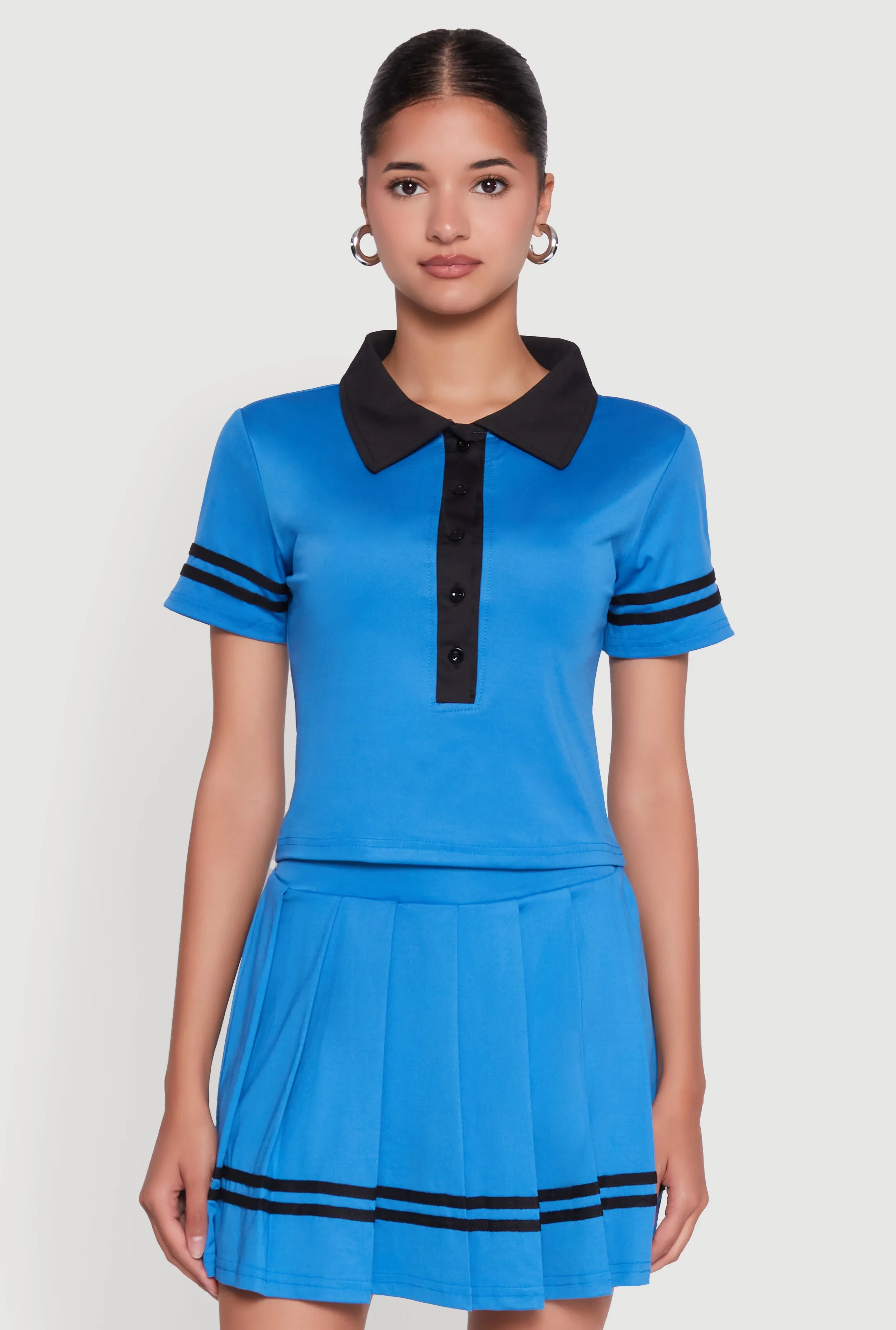 Contrast Trim and Varsity Stripe Cropped Shirt sold by Rainbow