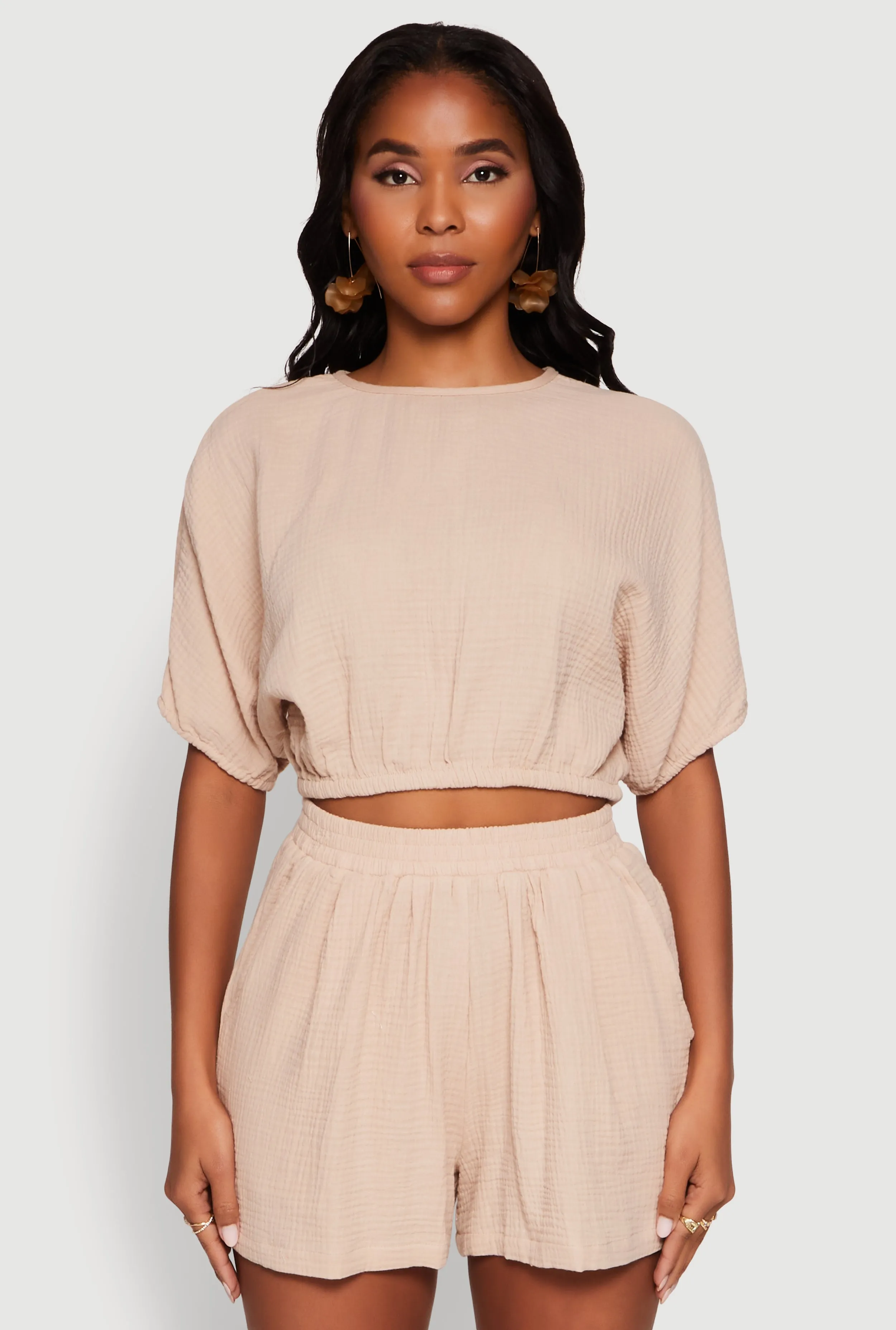 Chic Gauze Knit Crew Neck Cropped Blouse with Dolman Sleeves sold by Rainbow