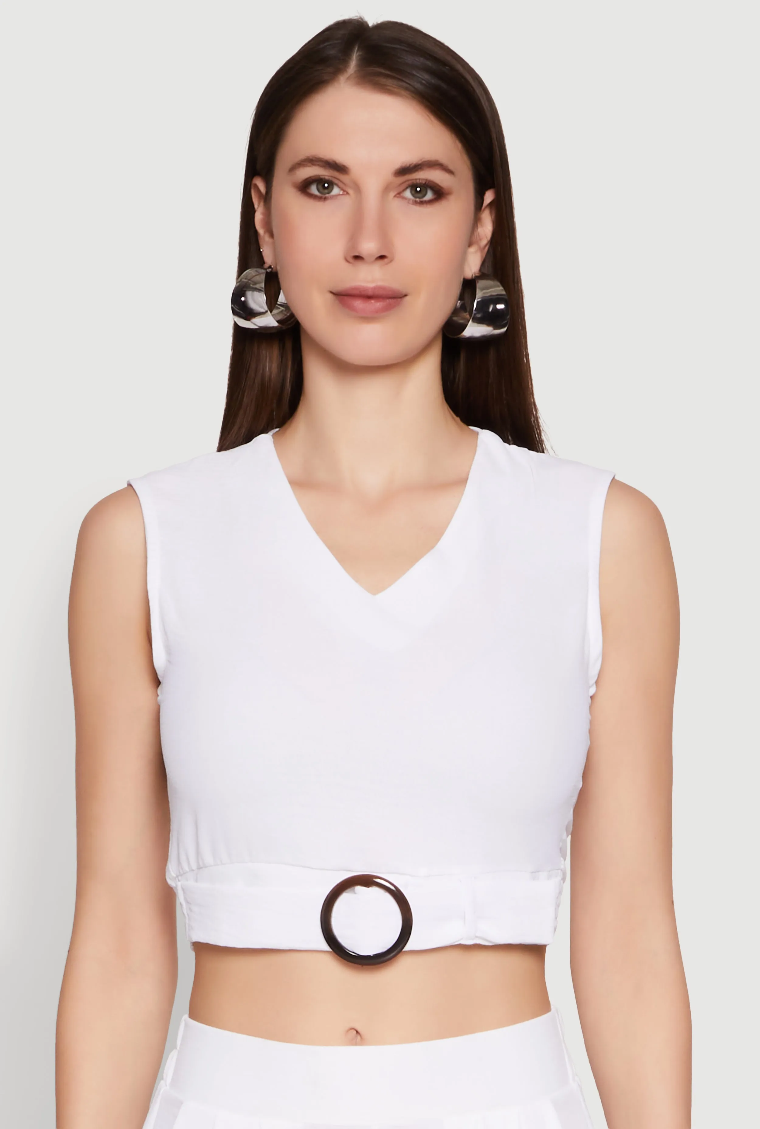 Chic Crepe Knit V Neck Sleeveless Crop Top with Belted Front sold by Rainbow