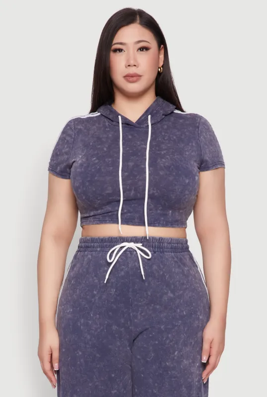 Plus Size Daisy Mineral Wash Cropped Hooded T Shirt with Varsity Stripe sold by Rainbow