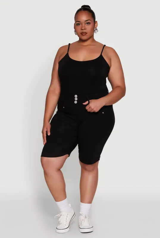 Plus Size Trendy Snatched High Waist Bermuda Shorts with Faux Buttons sold by Rainbow