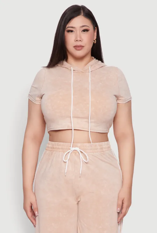 Plus Size Daisy Mineral Wash Cropped Hooded T Shirt with Varsity Stripe sold by Rainbow