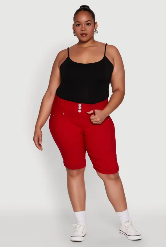 Plus Size Trendy Snatched High Waist Bermuda Shorts with Faux Buttons sold by Rainbow