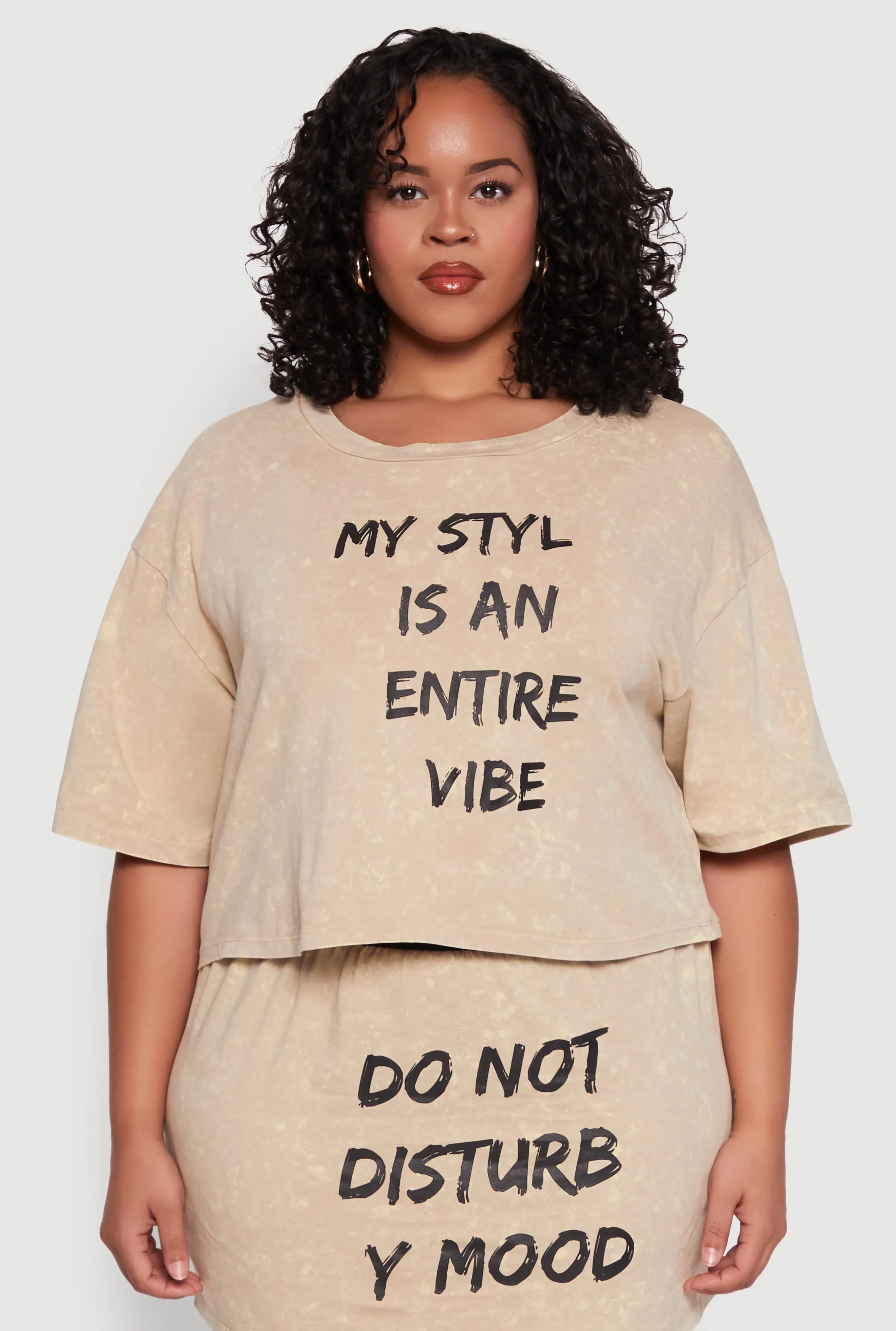 Plus Size Trendy Mineral Wash Entire Vibe Graphic Tee sold by Rainbow