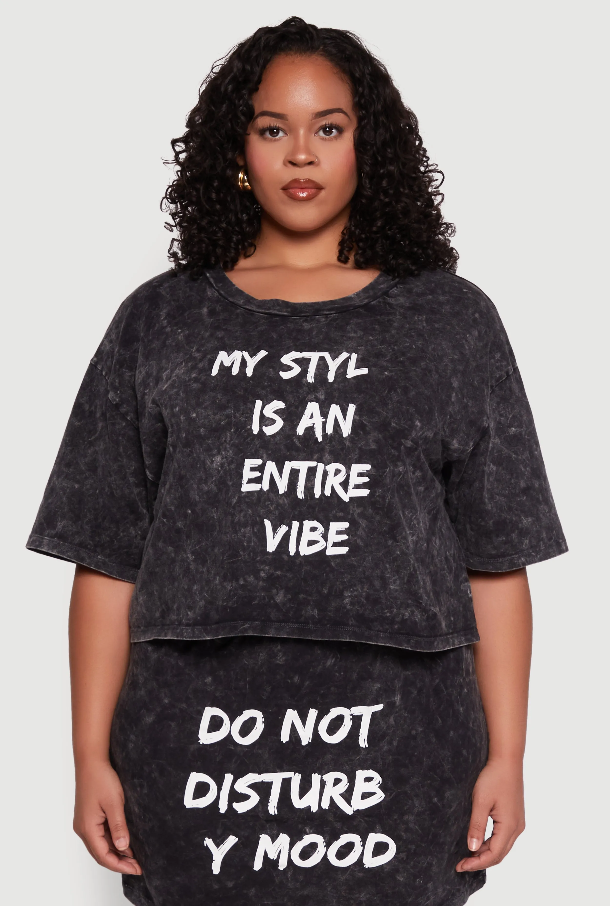 Plus Size Trendy Mineral Wash Entire Vibe Graphic Tee sold by Rainbow