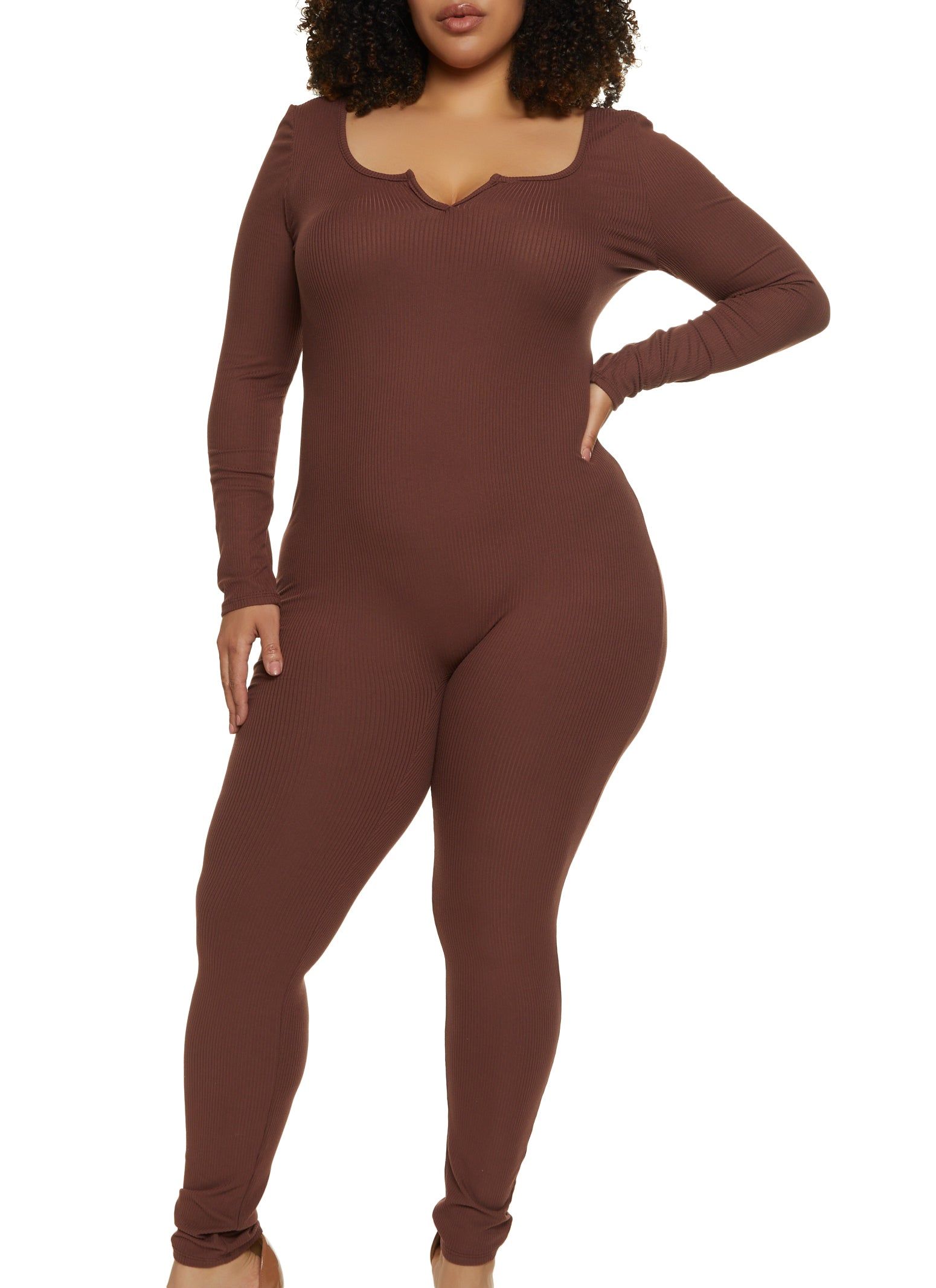 Plus Size Rib Knit Notch Neck Long Sleeve Catsuit sold by Rainbow