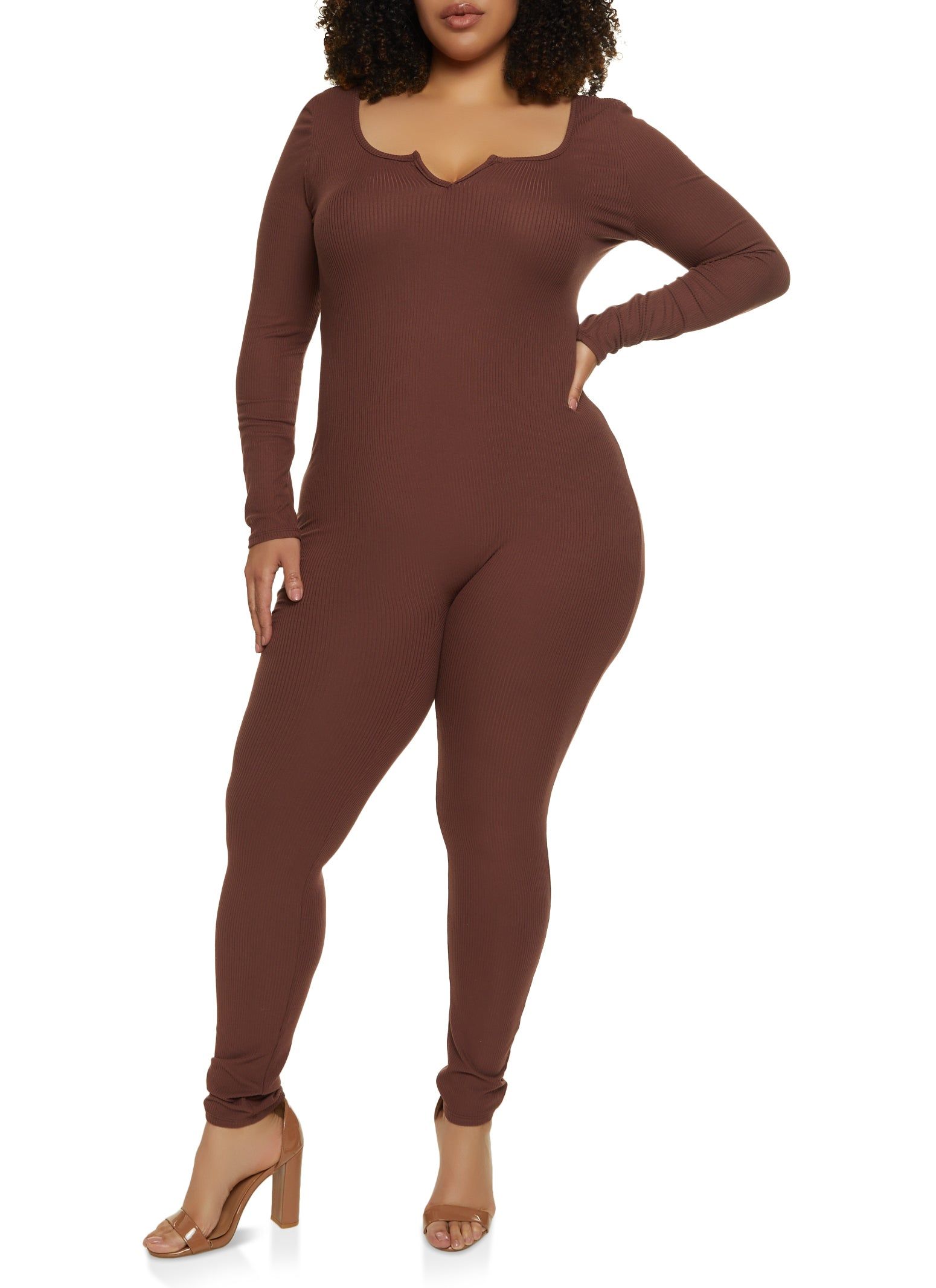 Plus Size Rib Knit Notch Neck Long Sleeve Catsuit sold by Rainbow product image thumbnail 2