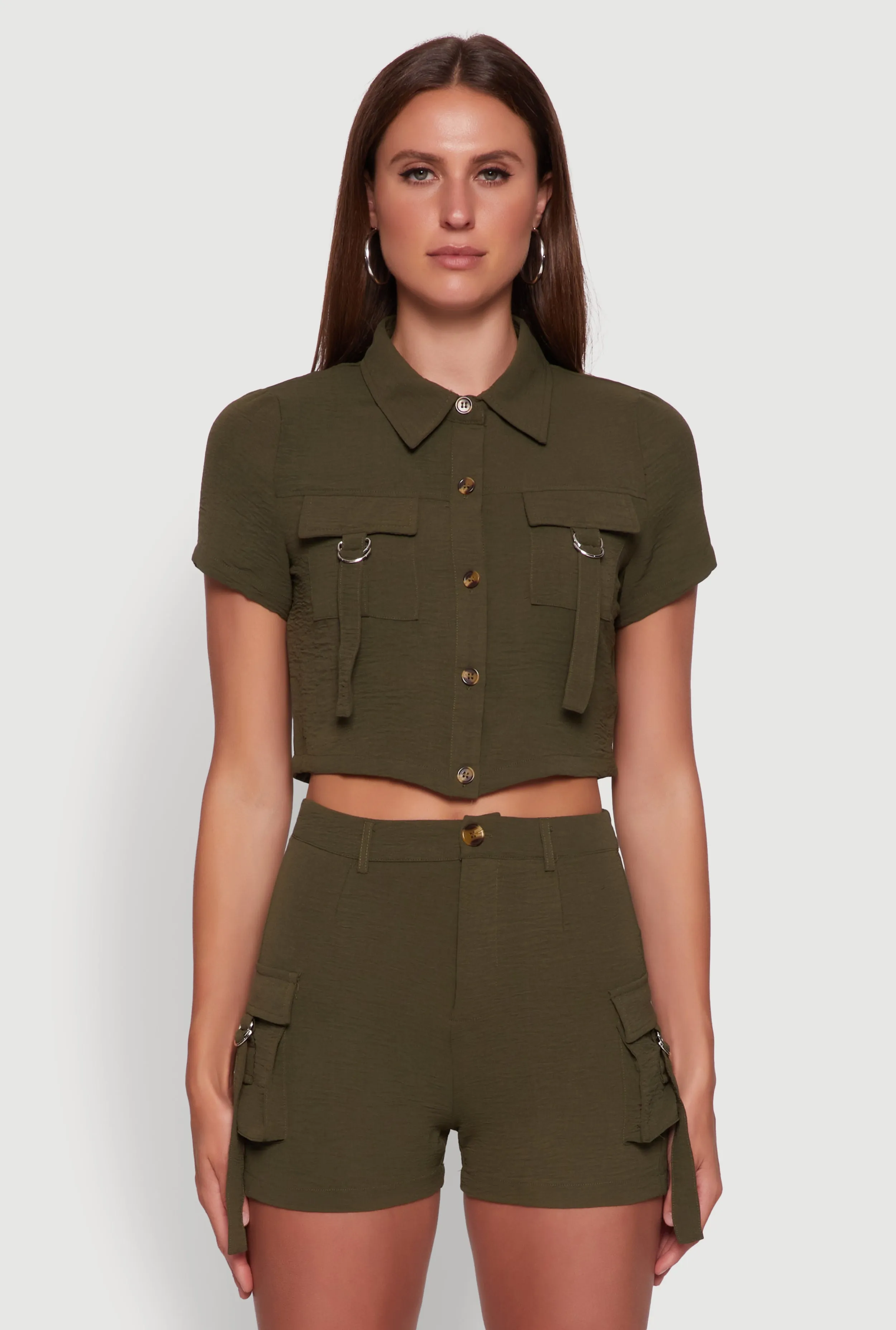 Crepe Knit Metallic D Ring Button Front Cropped Shirt sold by Rainbow