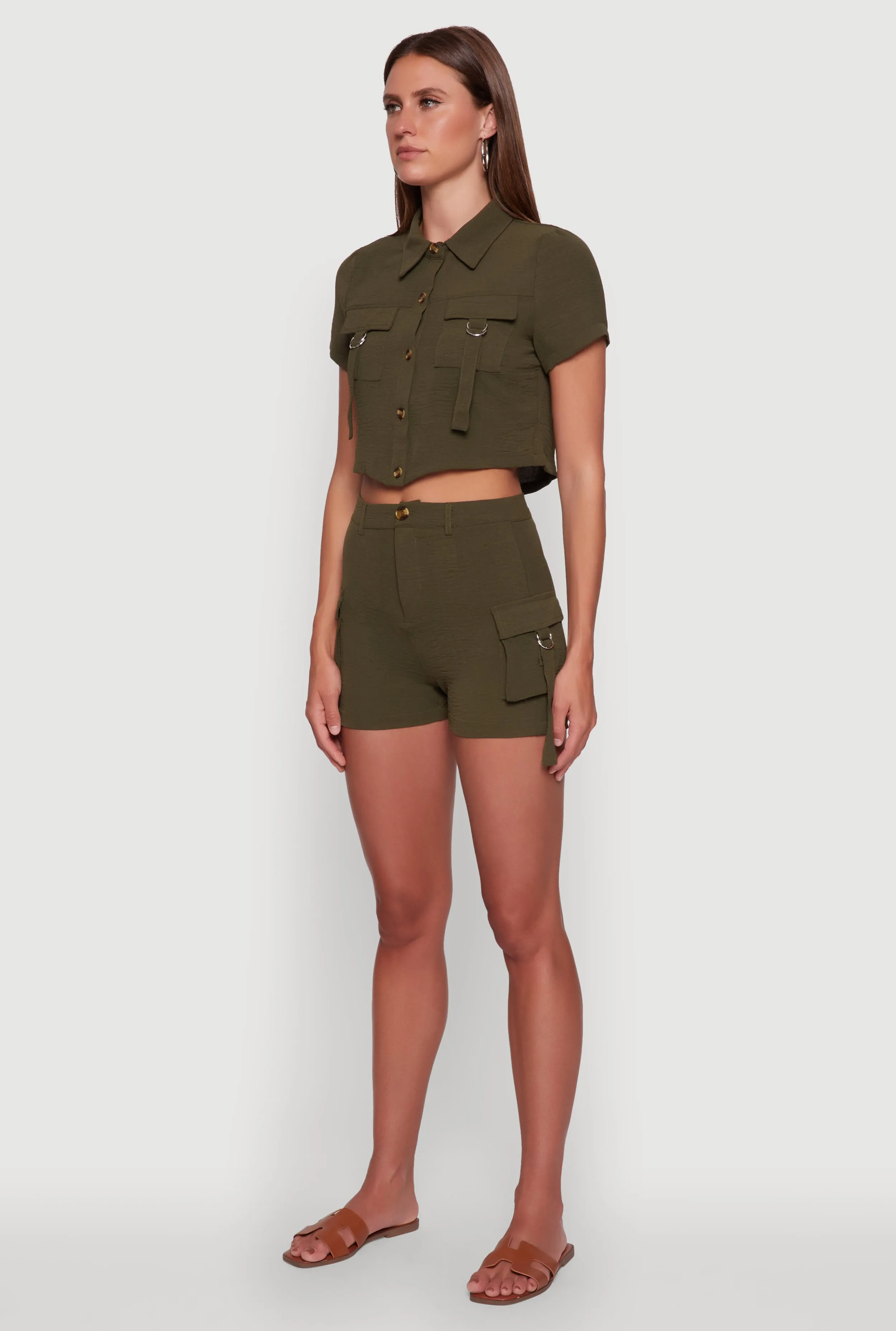 Crepe Knit Metallic D Ring Button Front Cropped Shirt sold by Rainbow product image thumbnail 5