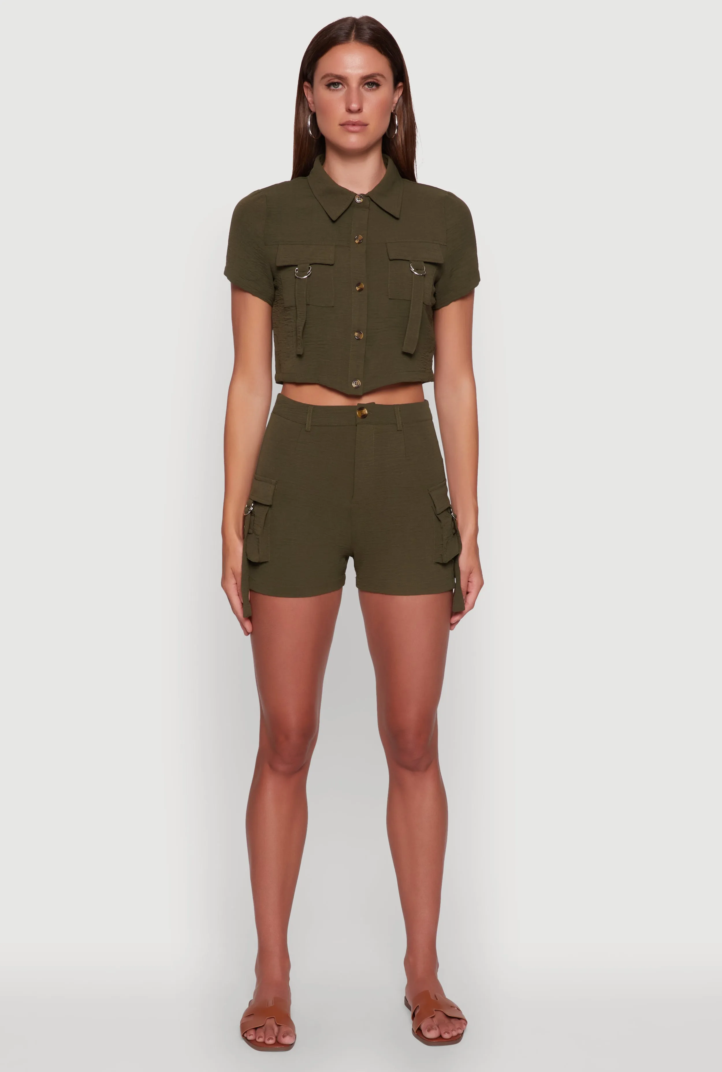 Crepe Knit Metallic D Ring Button Front Cropped Shirt sold by Rainbow product image thumbnail 3