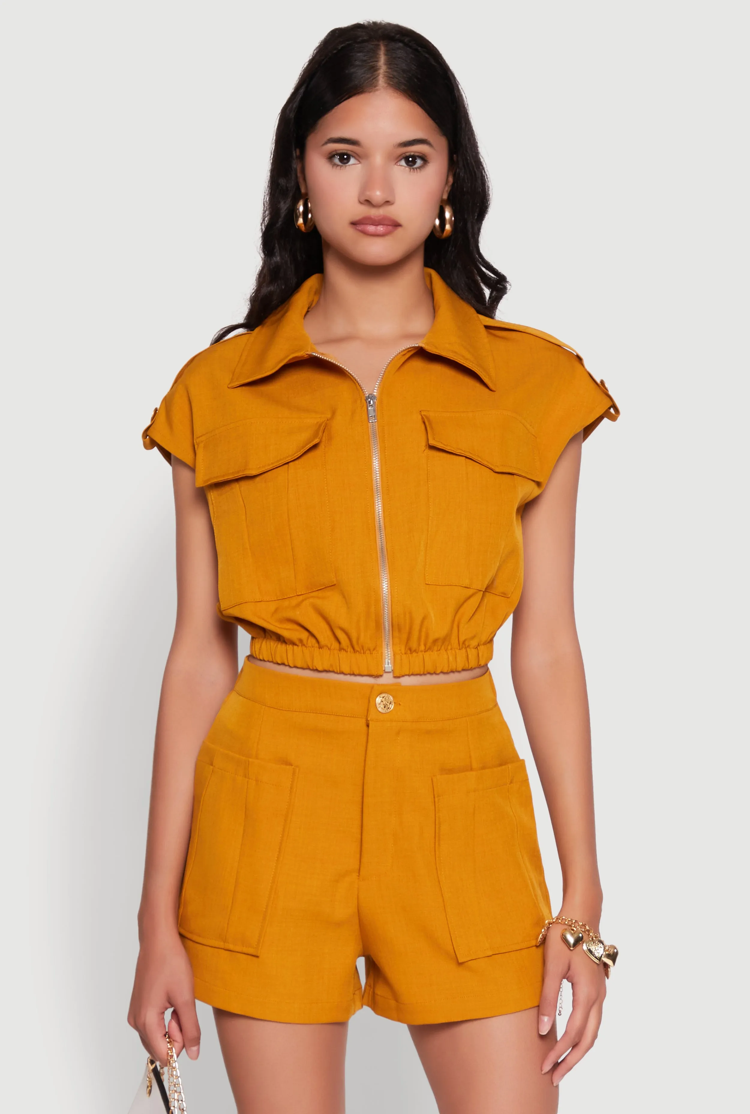 Chic Twill Cropped Jacket with Cargo Pockets and Zippers sold by Rainbow