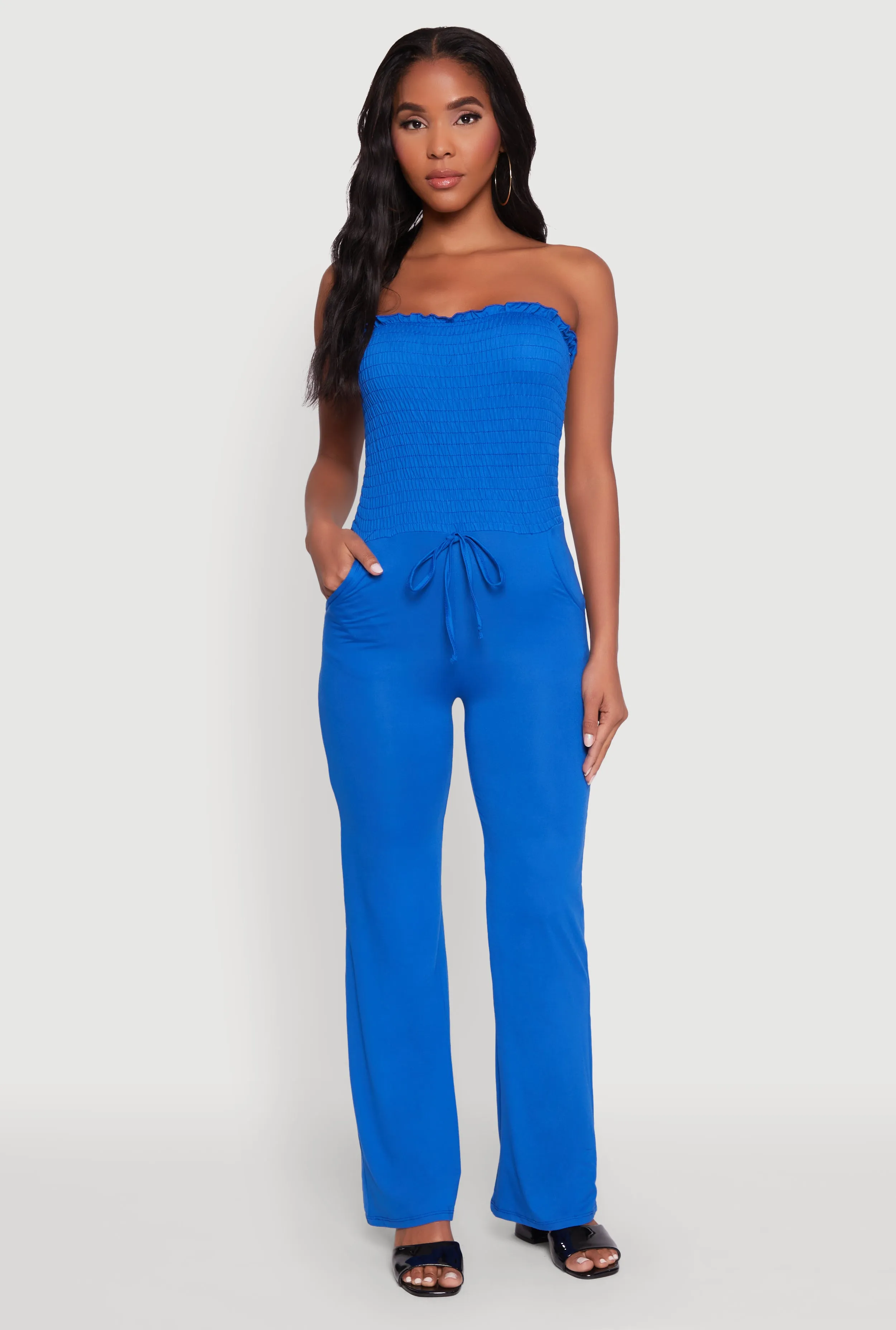 Chic Smocked Strapless Ruffle Jumpsuit with Faux Drawstring sold by Rainbow