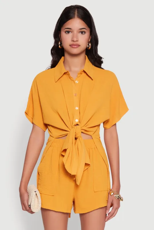 Chic Crepe Knit Shirt with Tie Front and High Low Hem sold by Rainbow