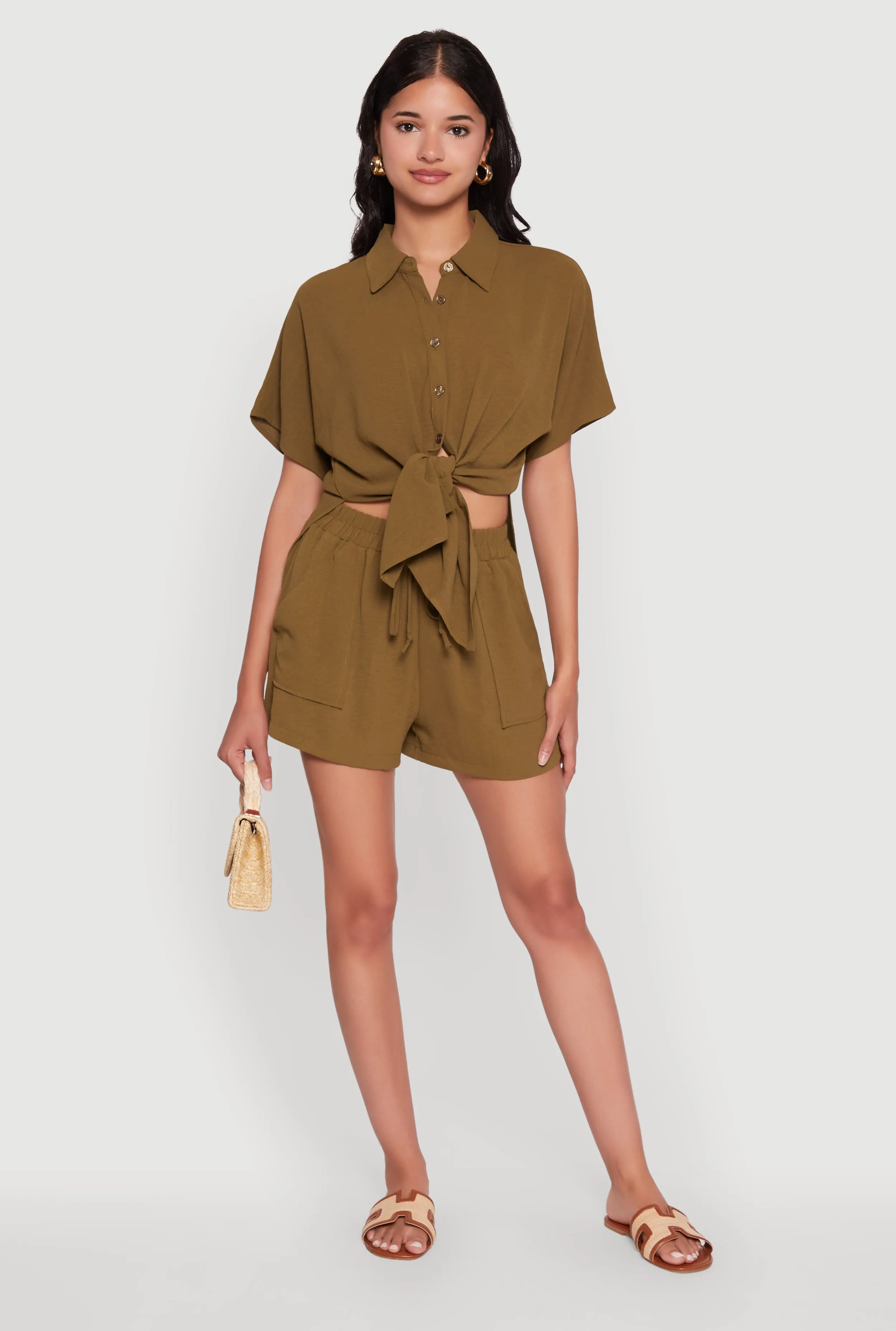 Chic Crepe Knit Shirt with Tie Front and High Low Hem sold by Rainbow product image thumbnail 3