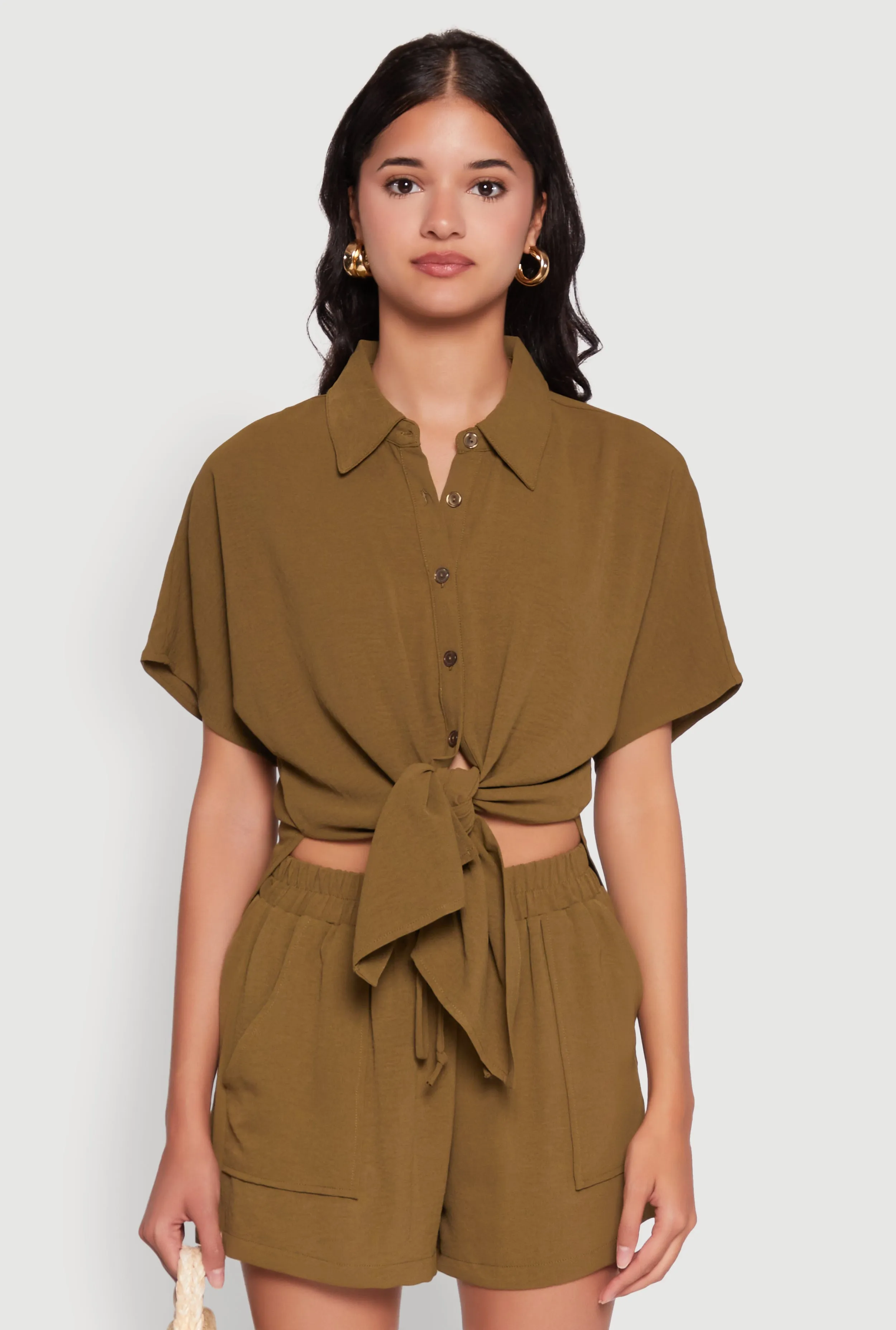 Chic Crepe Knit Shirt with Tie Front and High Low Hem sold by Rainbow