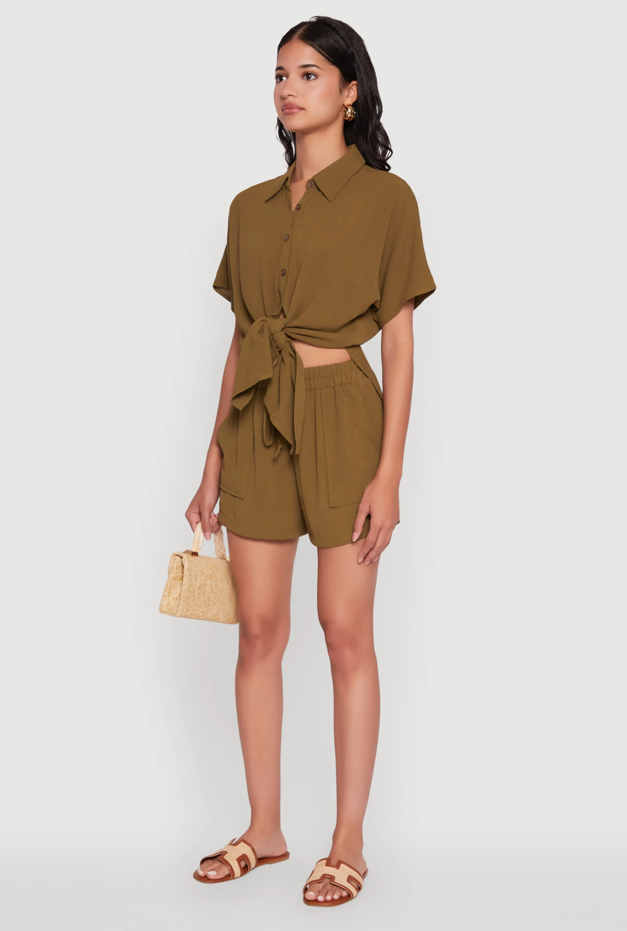 Chic Crepe Knit Shirt with Tie Front and High Low Hem sold by Rainbow product image thumbnail 5