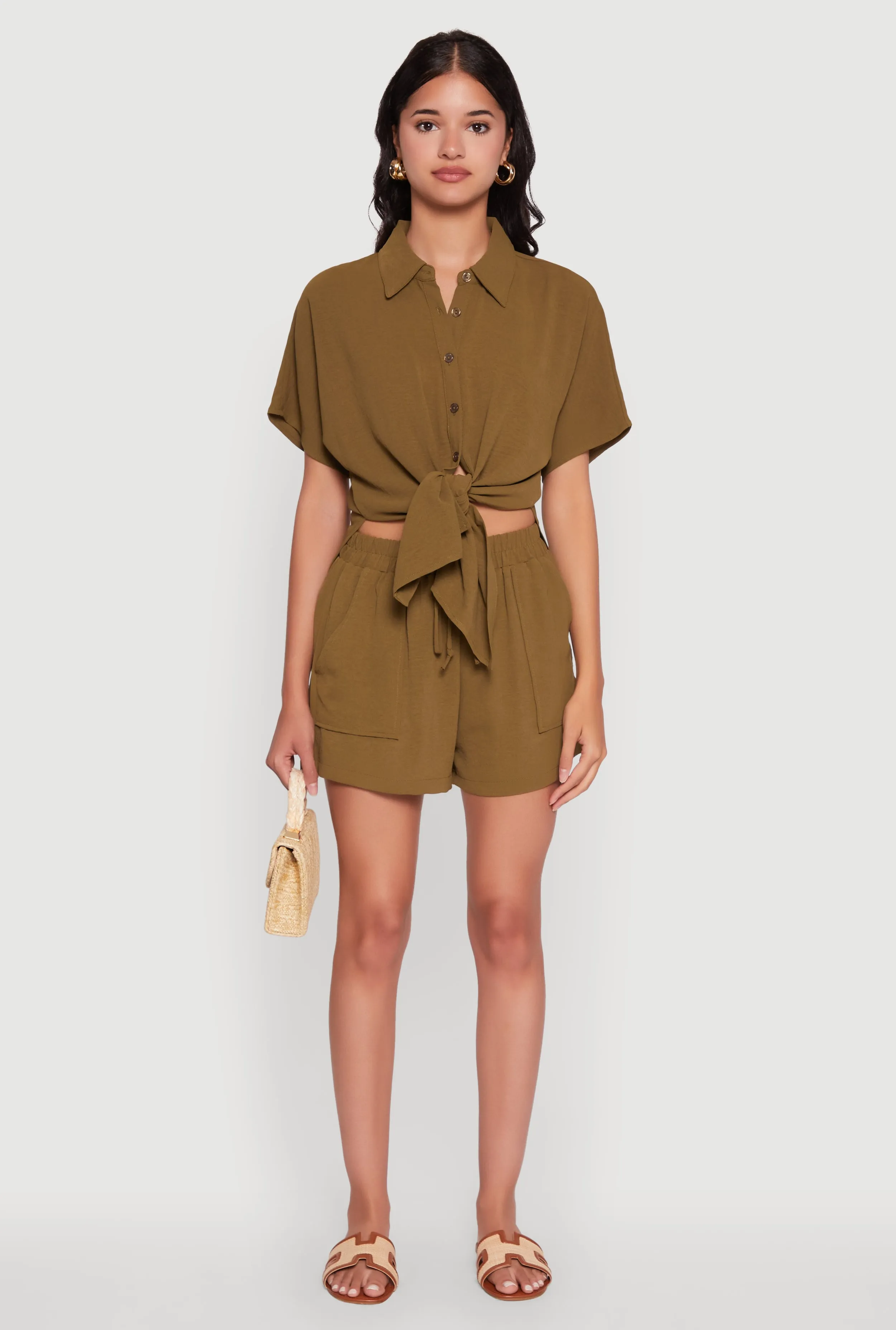 Chic Crepe Knit Shirt with Tie Front and High Low Hem sold by Rainbow product image thumbnail 2