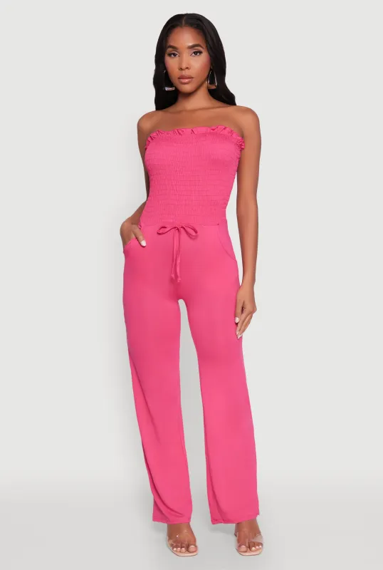 Chic Smocked Strapless Ruffle Jumpsuit with Faux Drawstring sold by Rainbow