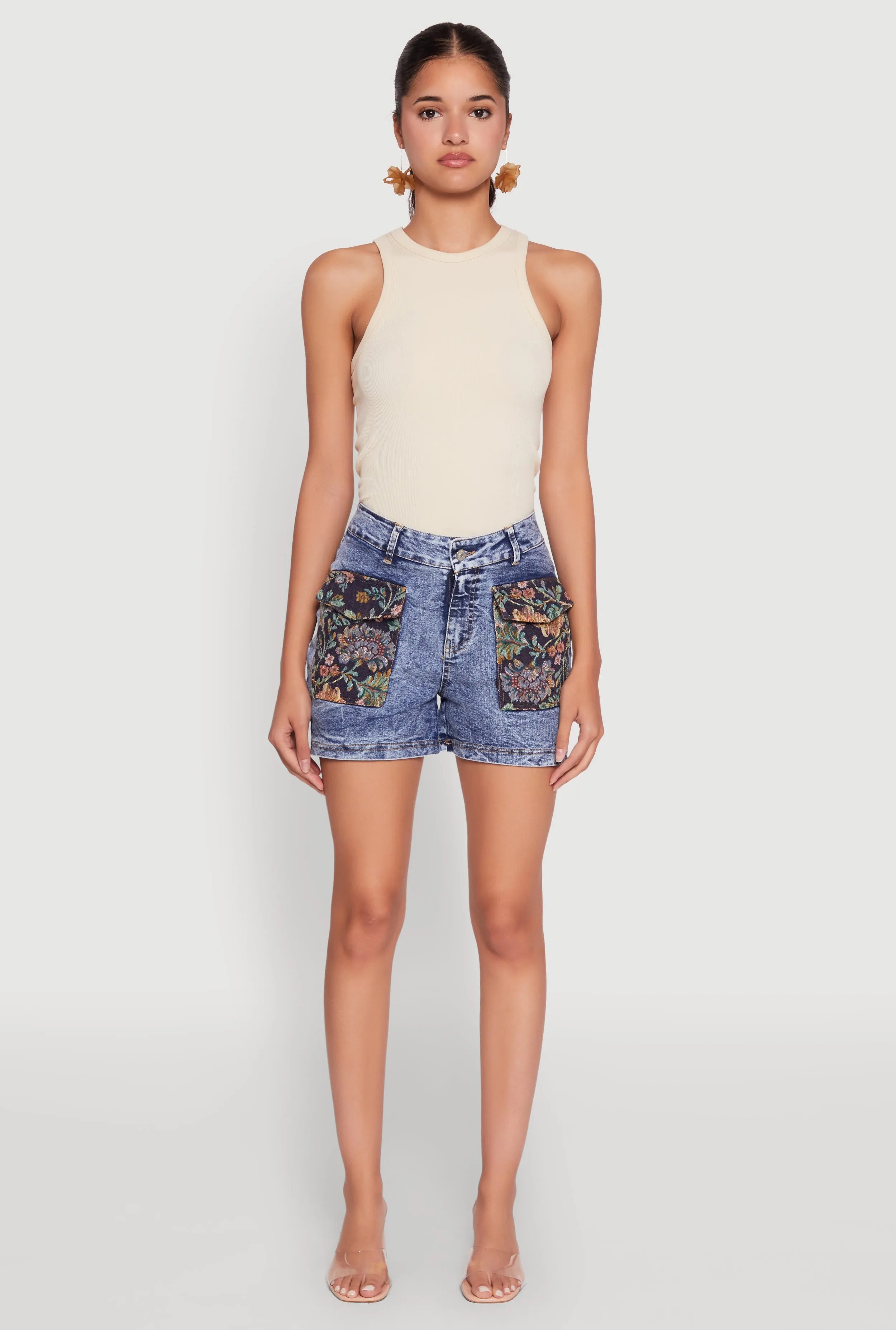 Trendy Floral Jacquard Cargo Pocket Denim Shorts sold by Rainbow