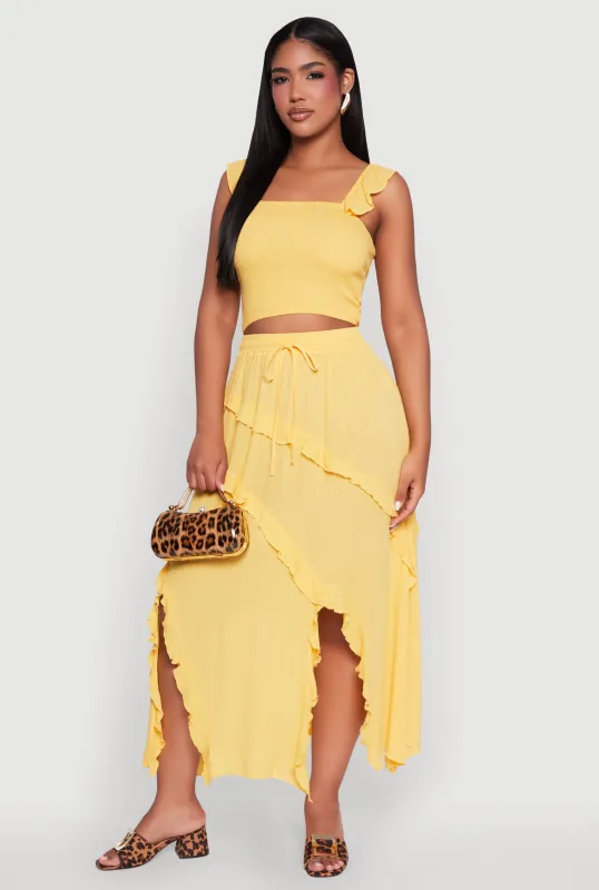 Trendy Gauze Knit Asymmetrical Skirt with Ruffles sold by Rainbow