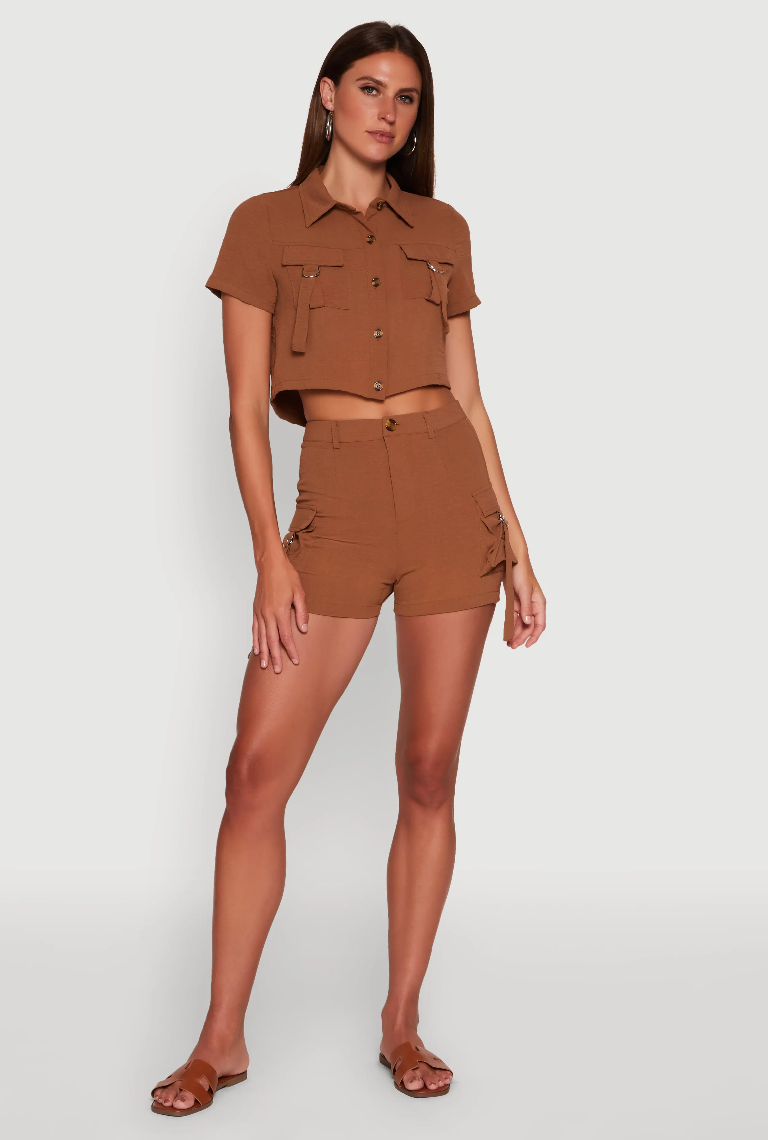 Crepe Knit Metallic D Ring Button Front Cropped Shirt sold by Rainbow product image thumbnail 3