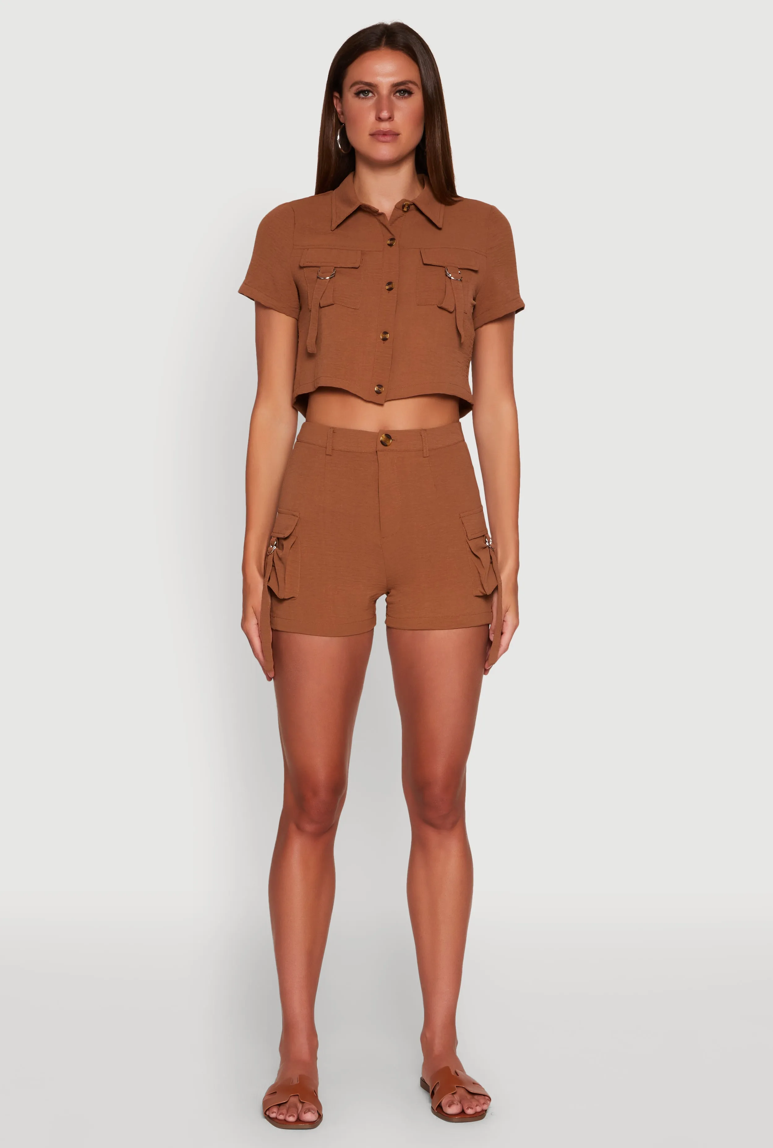 Crepe Knit Metallic D Ring Button Front Cropped Shirt sold by Rainbow product image thumbnail 2