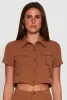 Crepe Knit Metallic D Ring Button Front Cropped Shirt sold by Rainbow