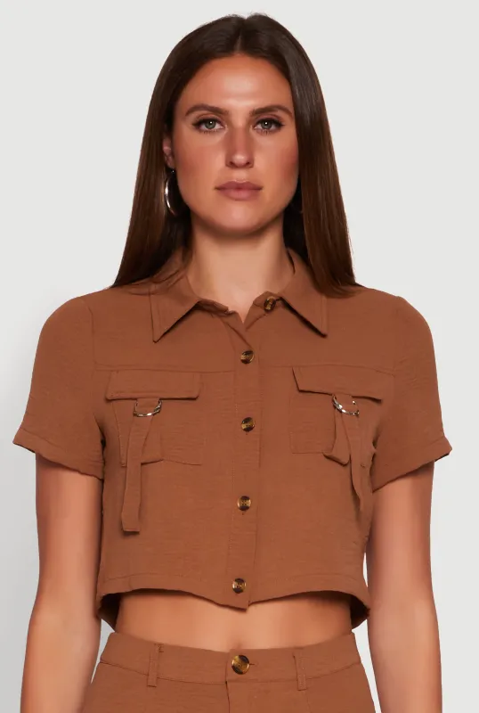 Crepe Knit Metallic D Ring Button Front Cropped Shirt sold by Rainbow