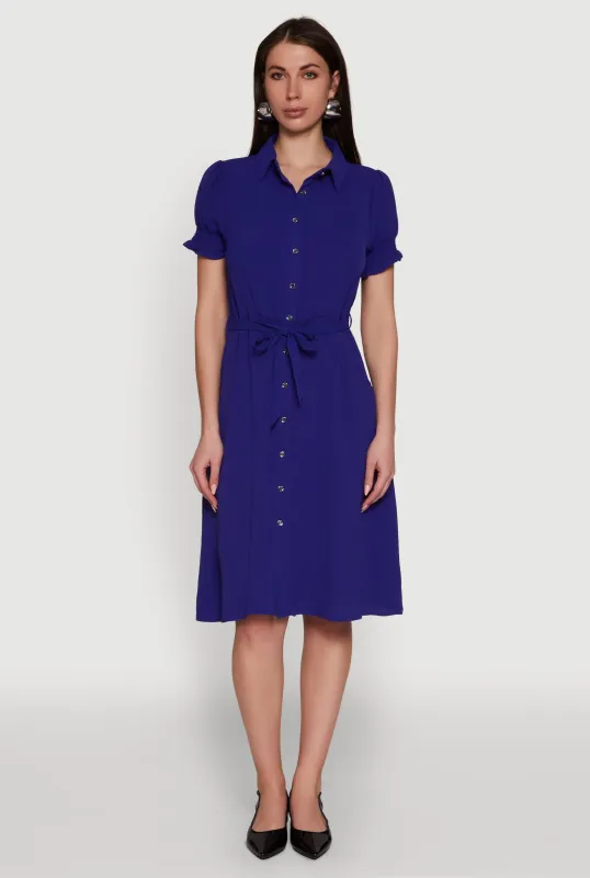 Chic Smocked Puff Sleeve Shirt Dress with Tie Waist Belt sold by Rainbow