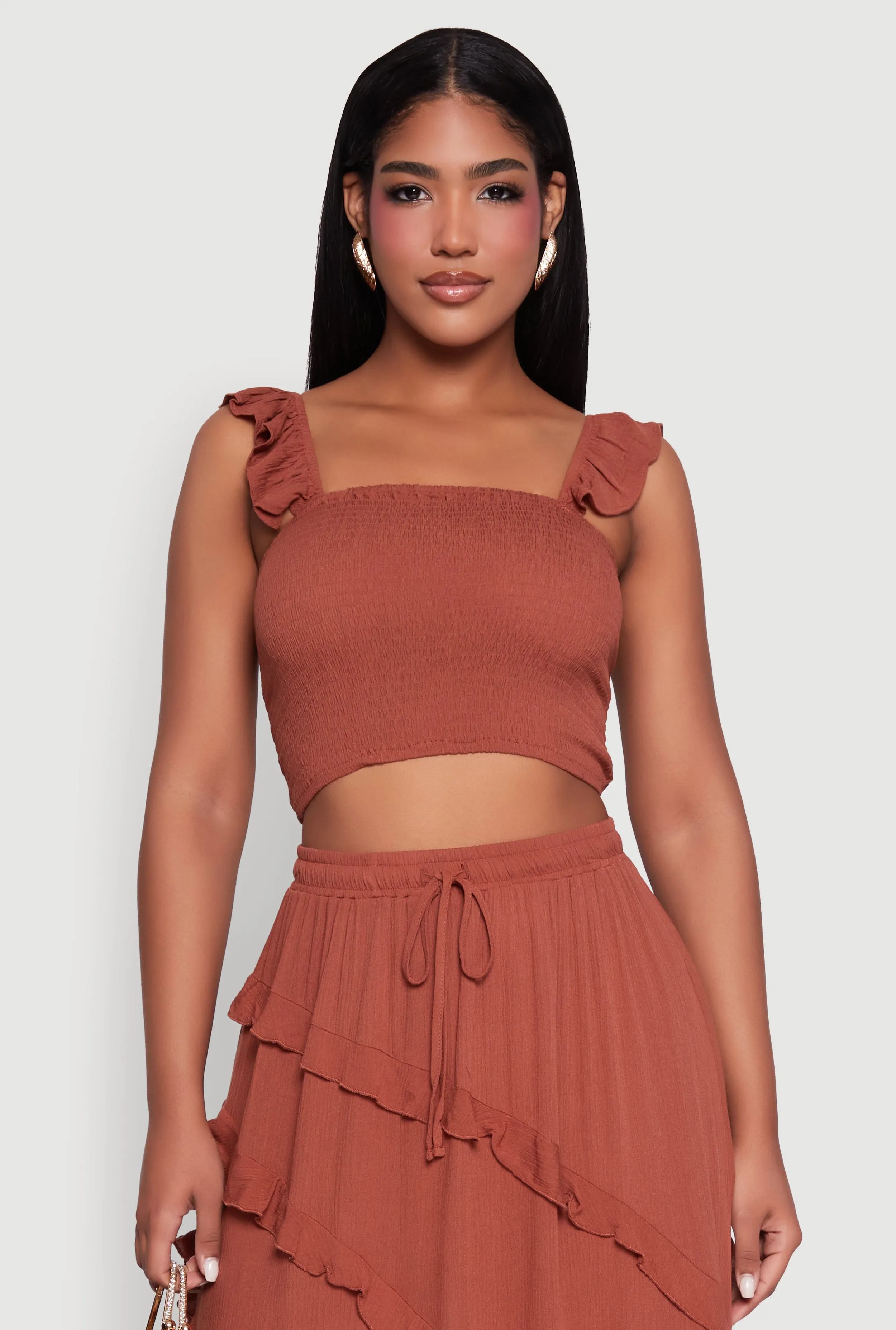 Chic Gauze Knit Ruffle Strap Crop Top with Square Neck sold by Rainbow