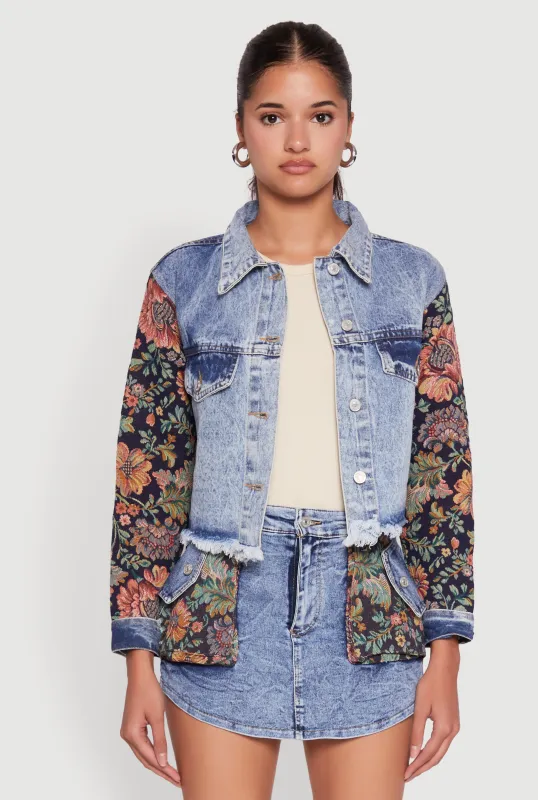 Stylish Floral Jacquard Color Blocked Jean Jacket sold by Rainbow