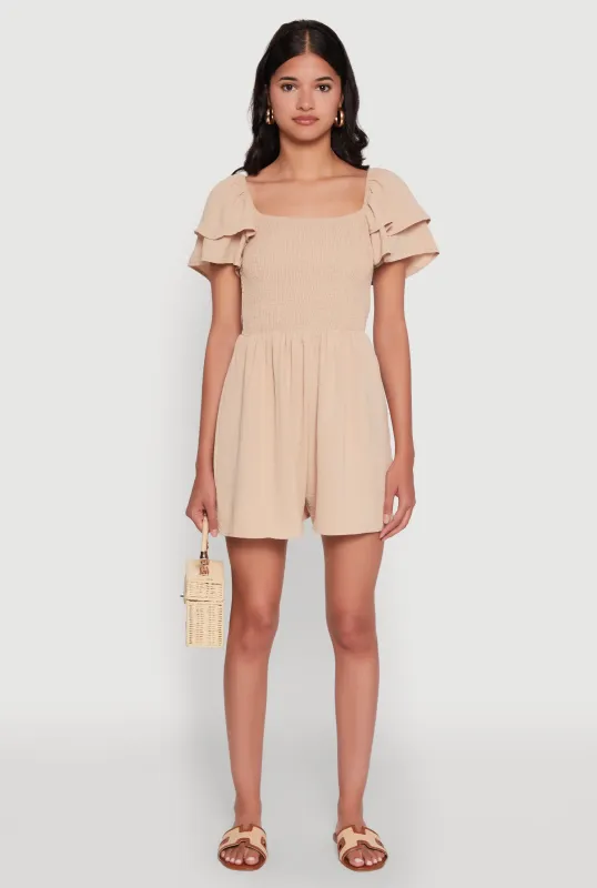 Chic Tiered Ruffle Sleeve Smocked Crepe Knit Romper sold by Rainbow