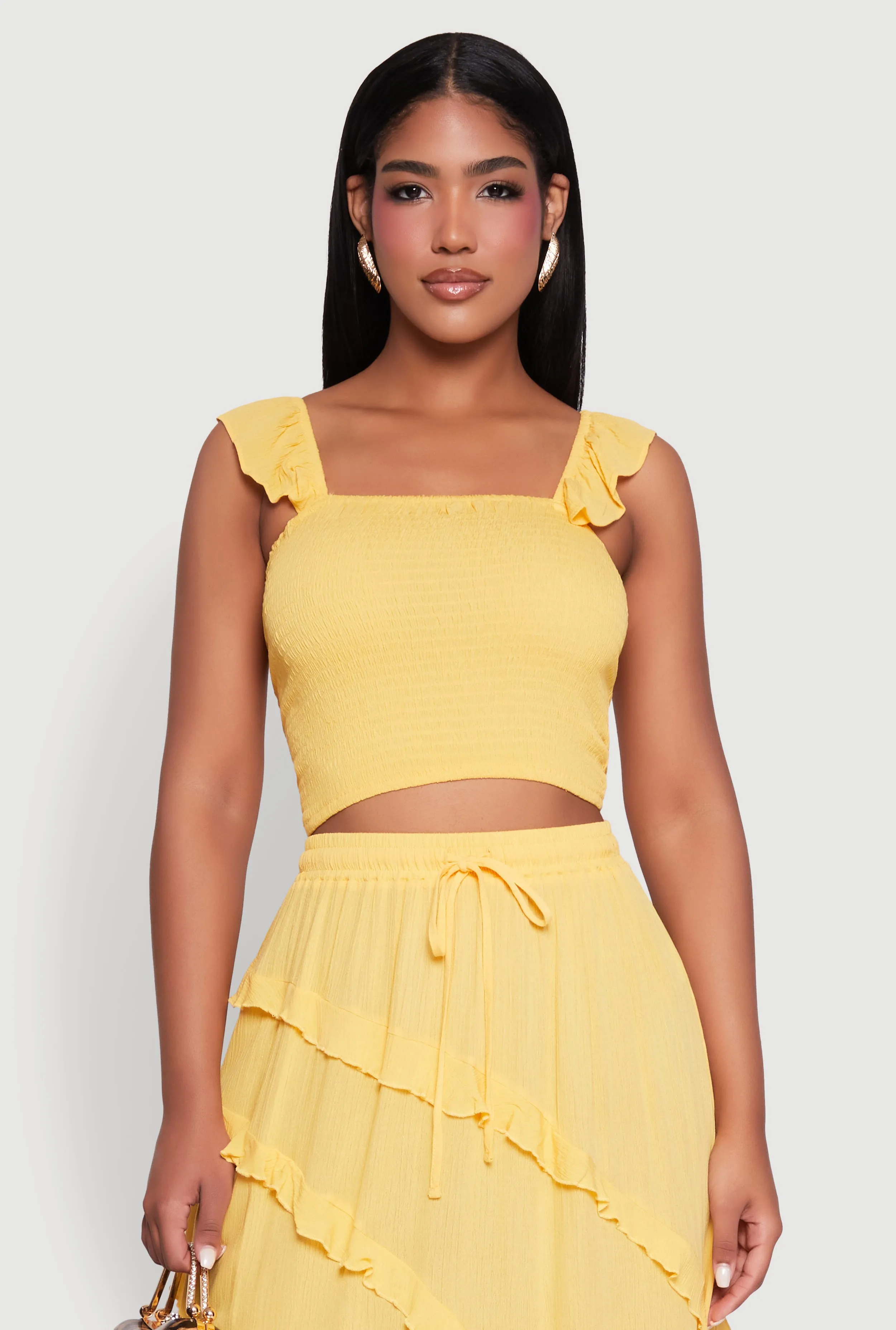 Chic Gauze Knit Ruffle Strap Crop Top with Square Neck sold by Rainbow