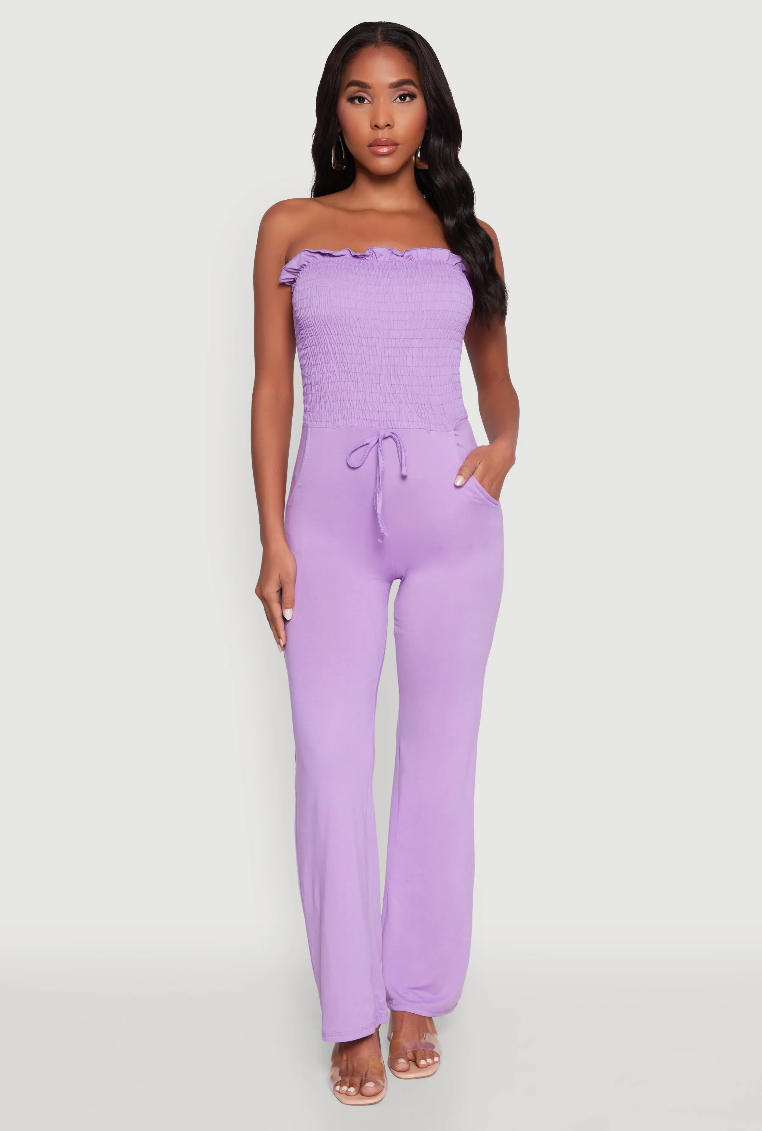 Chic Smocked Strapless Ruffle Jumpsuit with Faux Drawstring sold by Rainbow