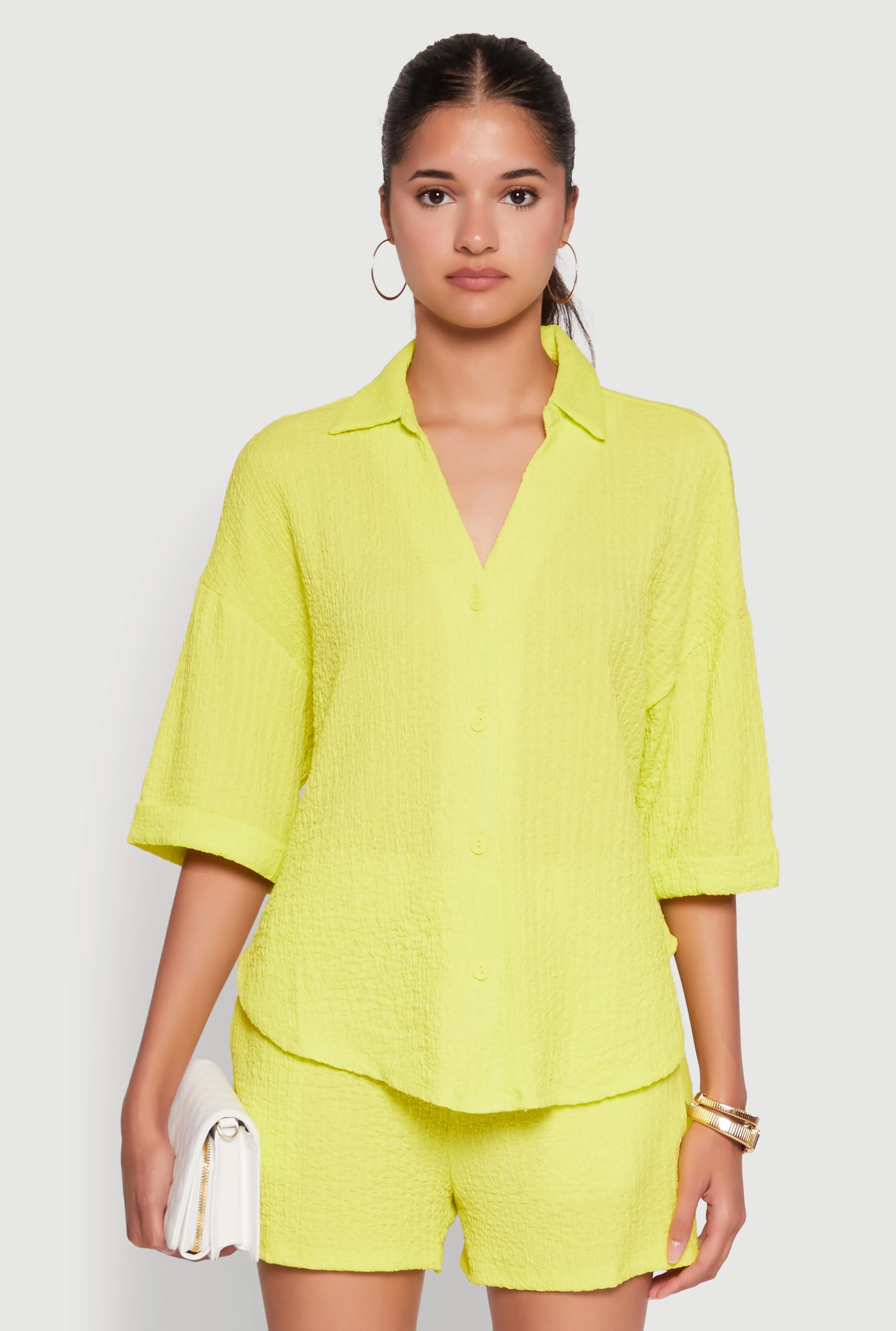 Chic Textured Knit Shirt with Quarter Sleeves and Classic Fit sold by Rainbow