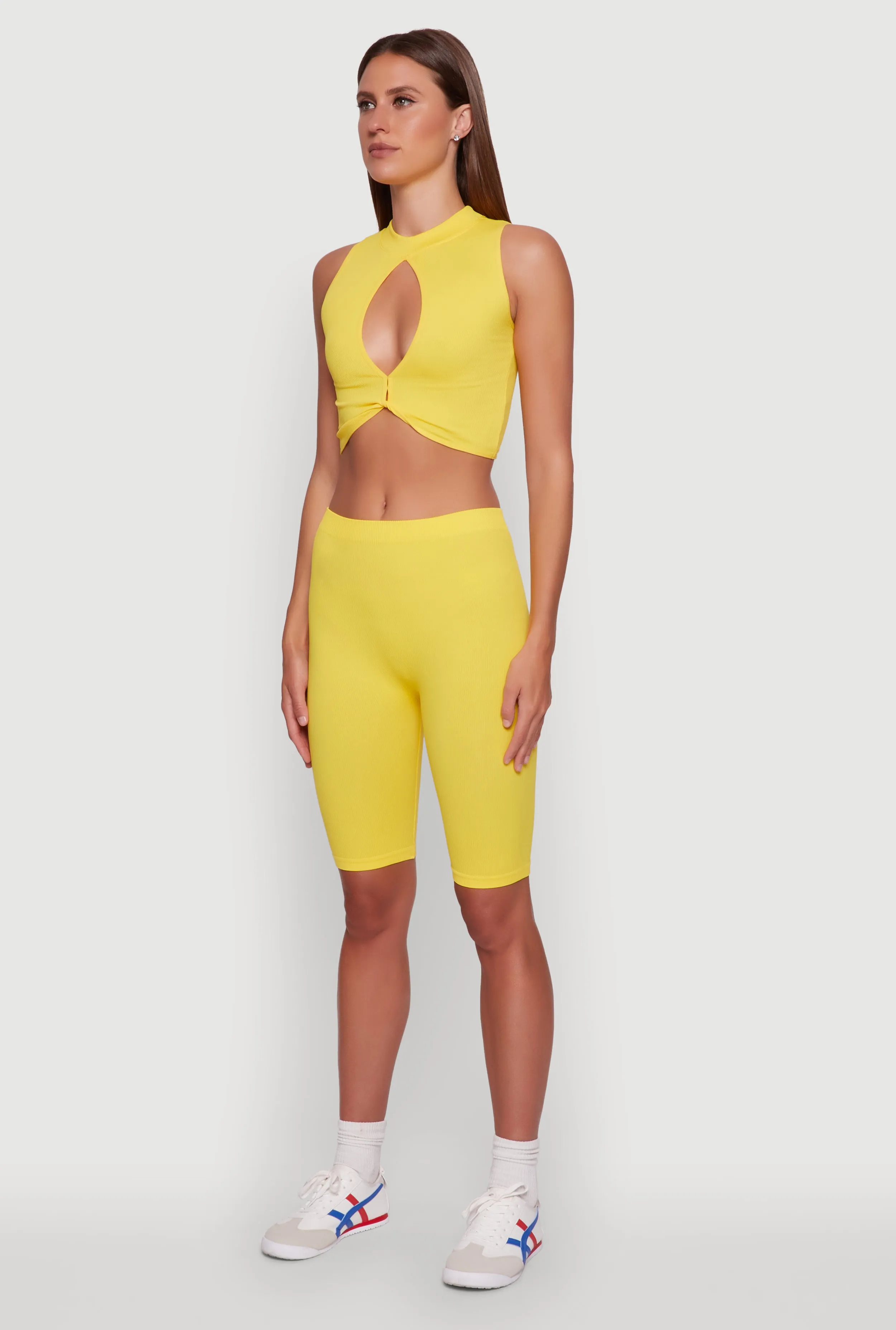 Chic Rib Knit Mock Neck Twist Front Crop Top sold by Rainbow product image thumbnail 5