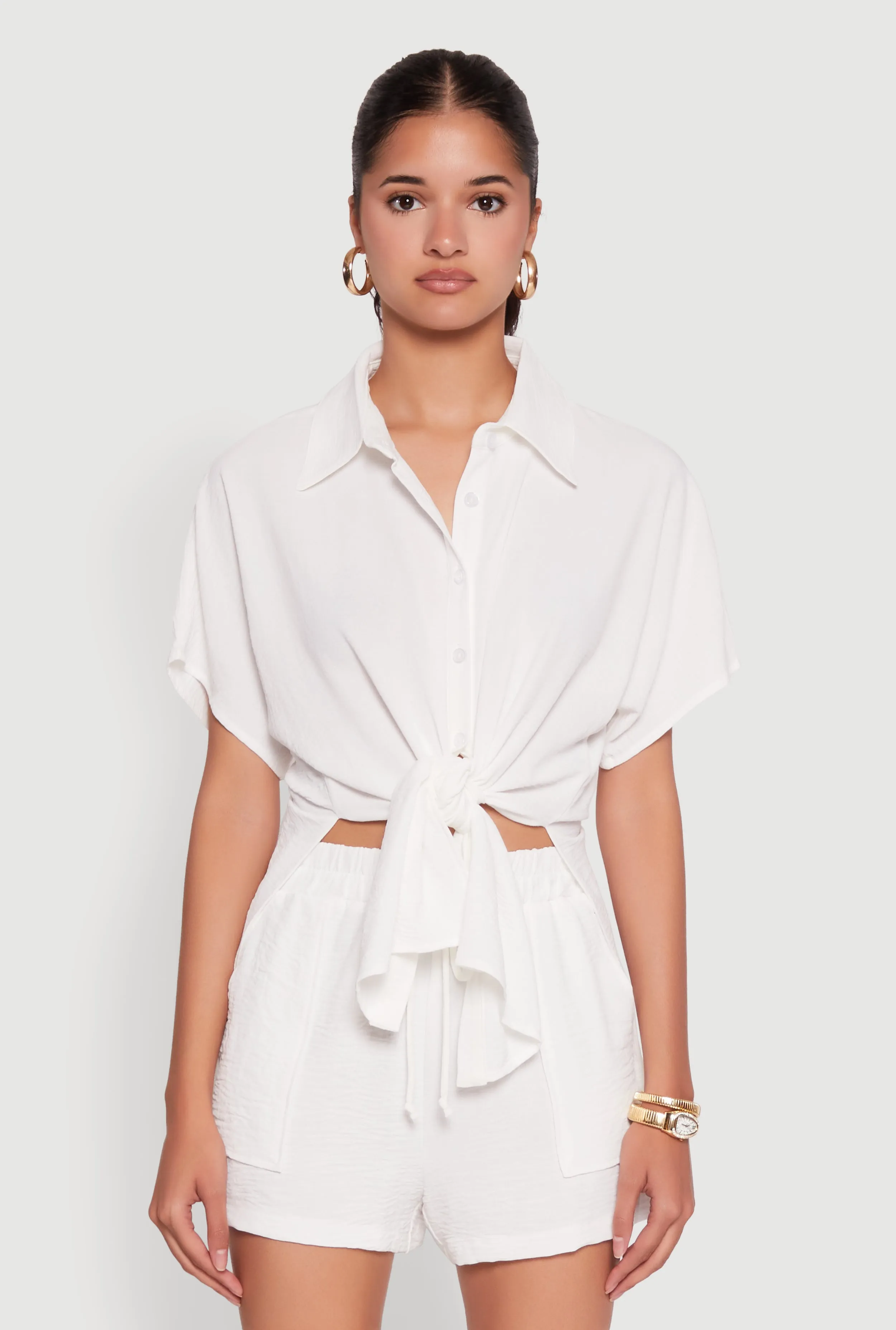 Chic Crepe Knit Shirt with Tie Front and High Low Hem sold by Rainbow