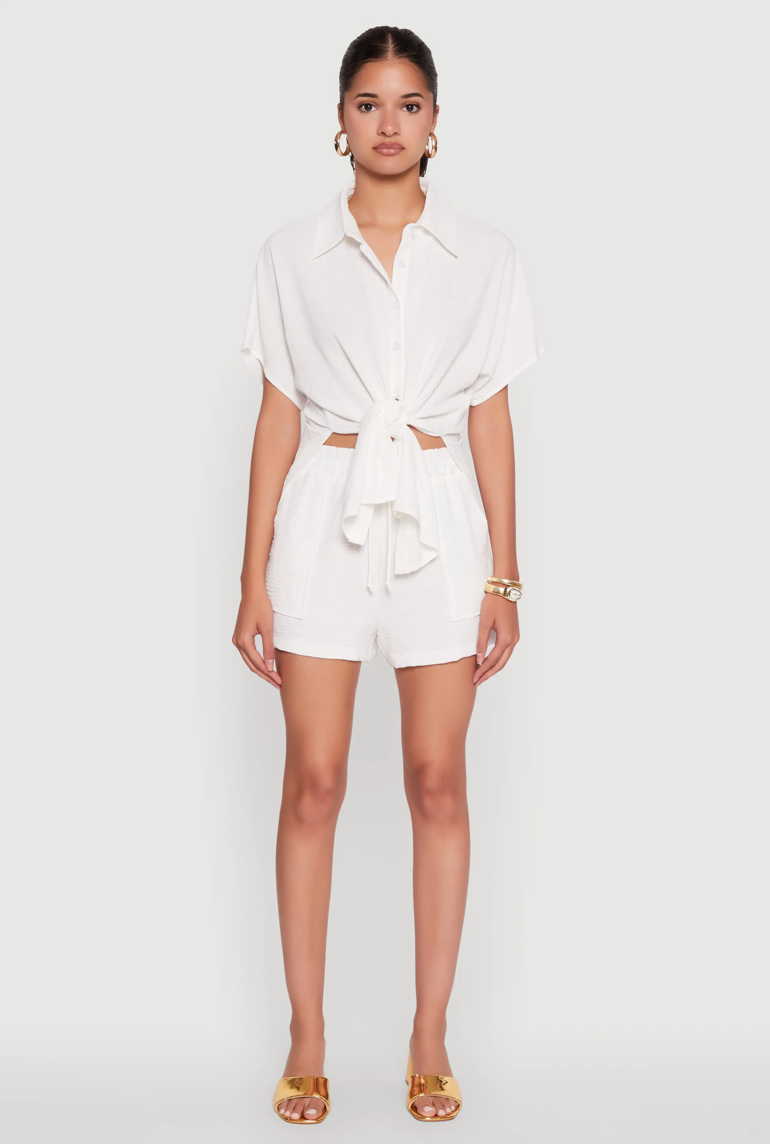 Chic Crepe Knit Shirt with Tie Front and High Low Hem sold by Rainbow product image thumbnail 2