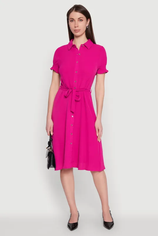 Chic Smocked Puff Sleeve Shirt Dress with Tie Waist Belt sold by Rainbow