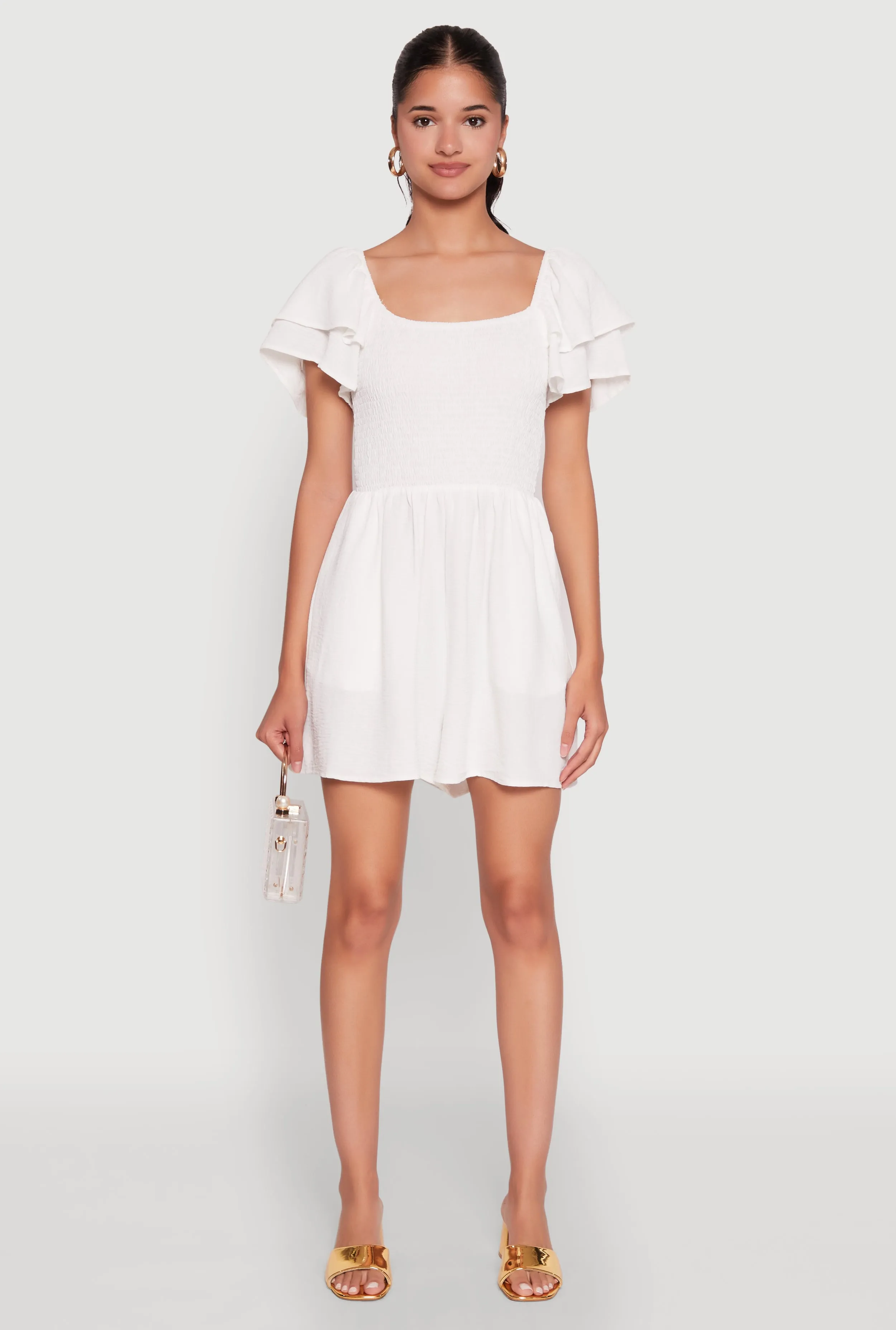 Chic Tiered Ruffle Sleeve Smocked Crepe Knit Romper sold by Rainbow