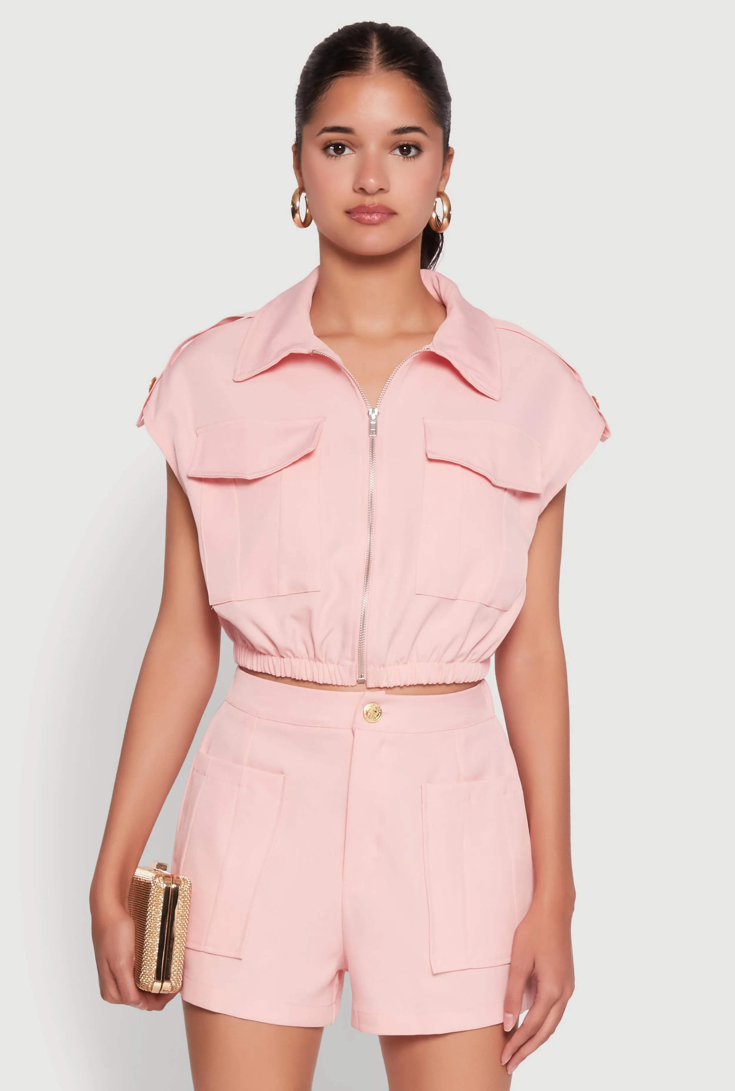 Chic Twill Cropped Jacket with Cargo Pockets and Zippers sold by Rainbow