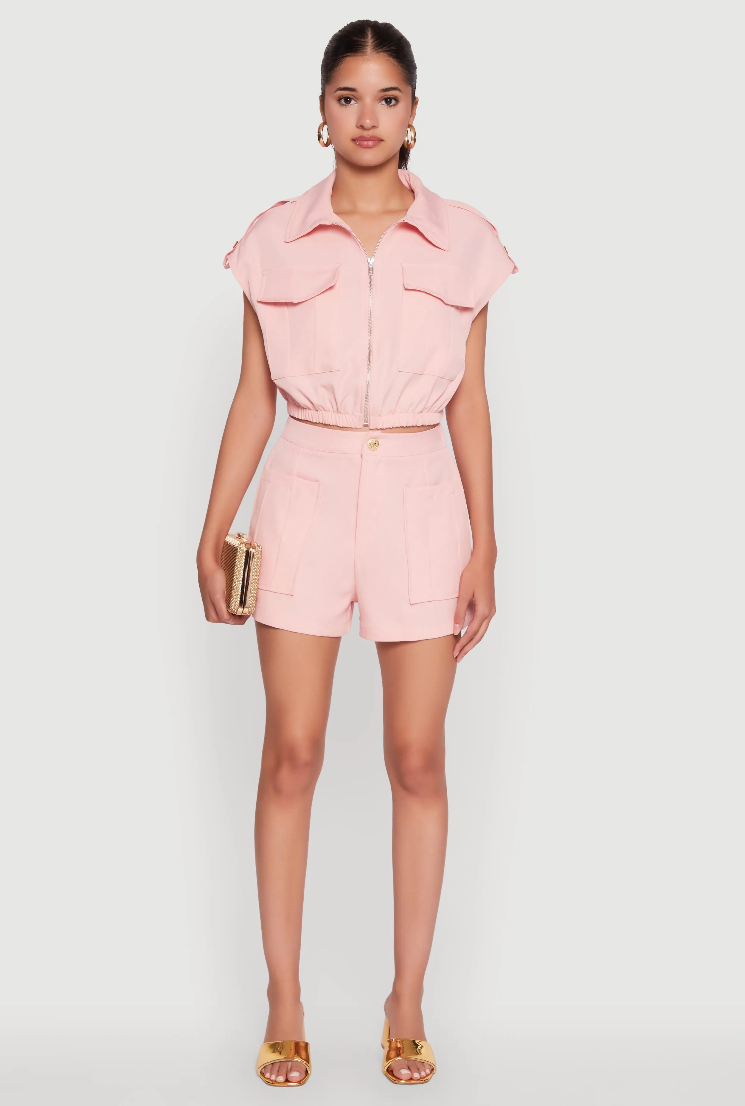 Chic Twill Cropped Jacket with Cargo Pockets and Zippers sold by Rainbow product image thumbnail 2